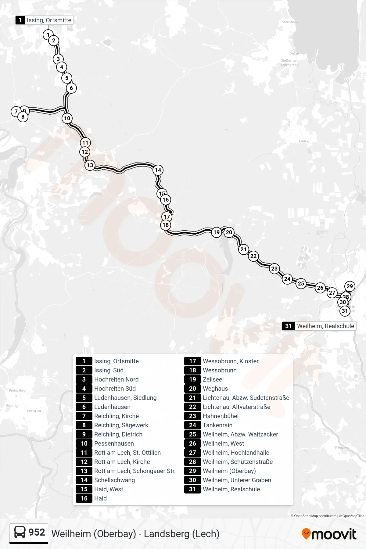 952 bus Line (Weilheim, Realschule) route and stops on a map
