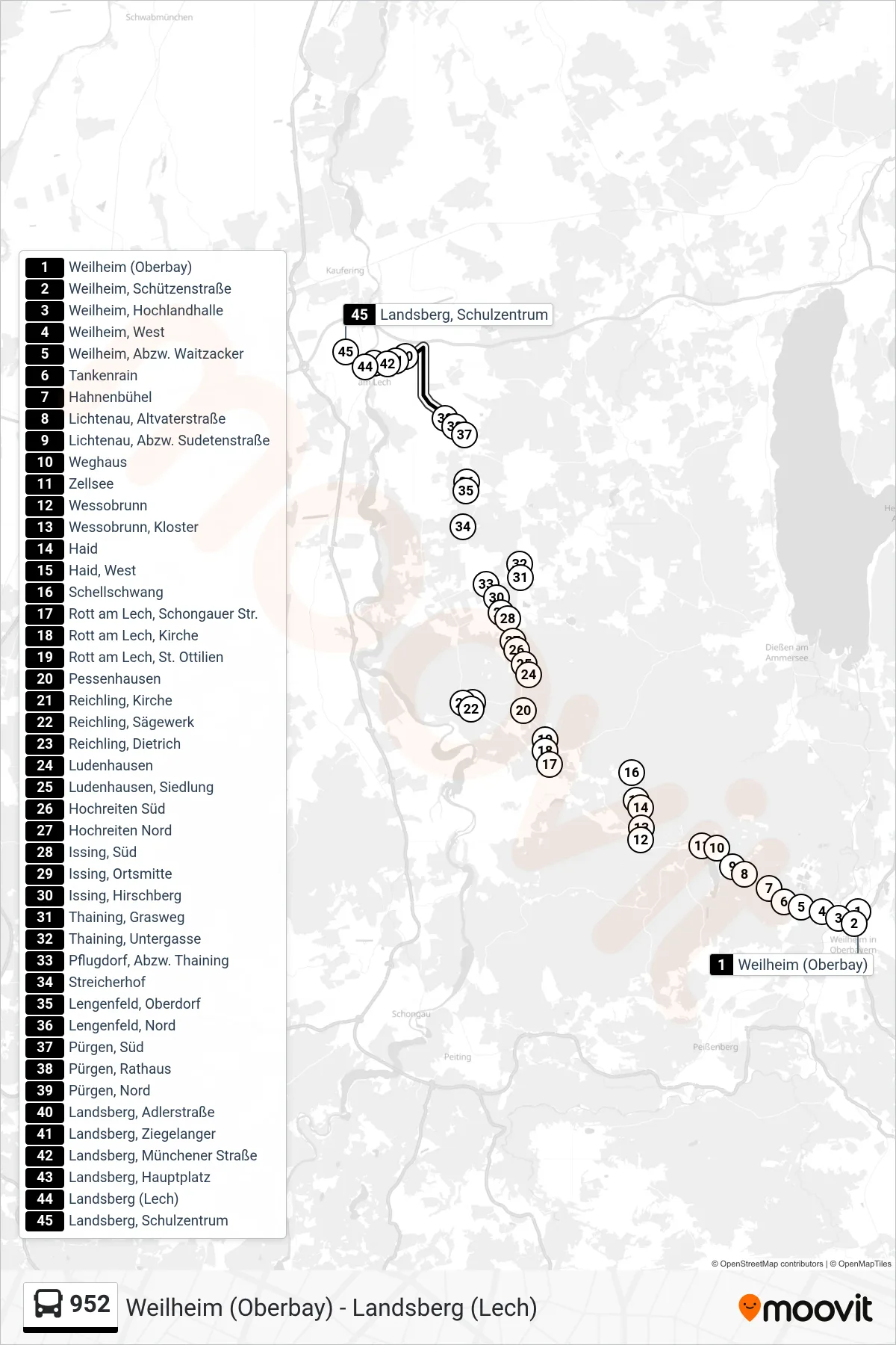 952 bus Line (Landsberg, Schulzentrum) route and stops on a map