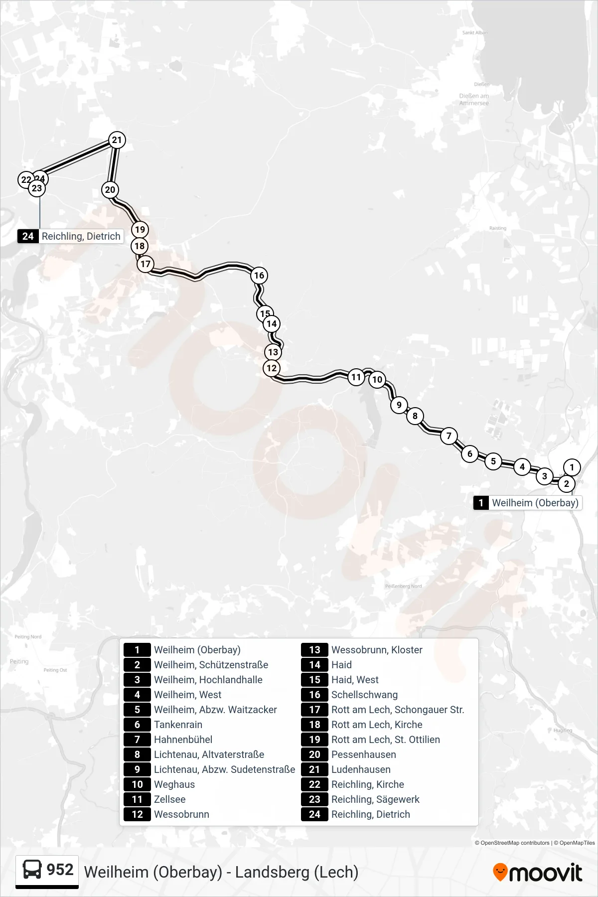 952 bus Line (Reichling, Dietrich) route and stops on a map