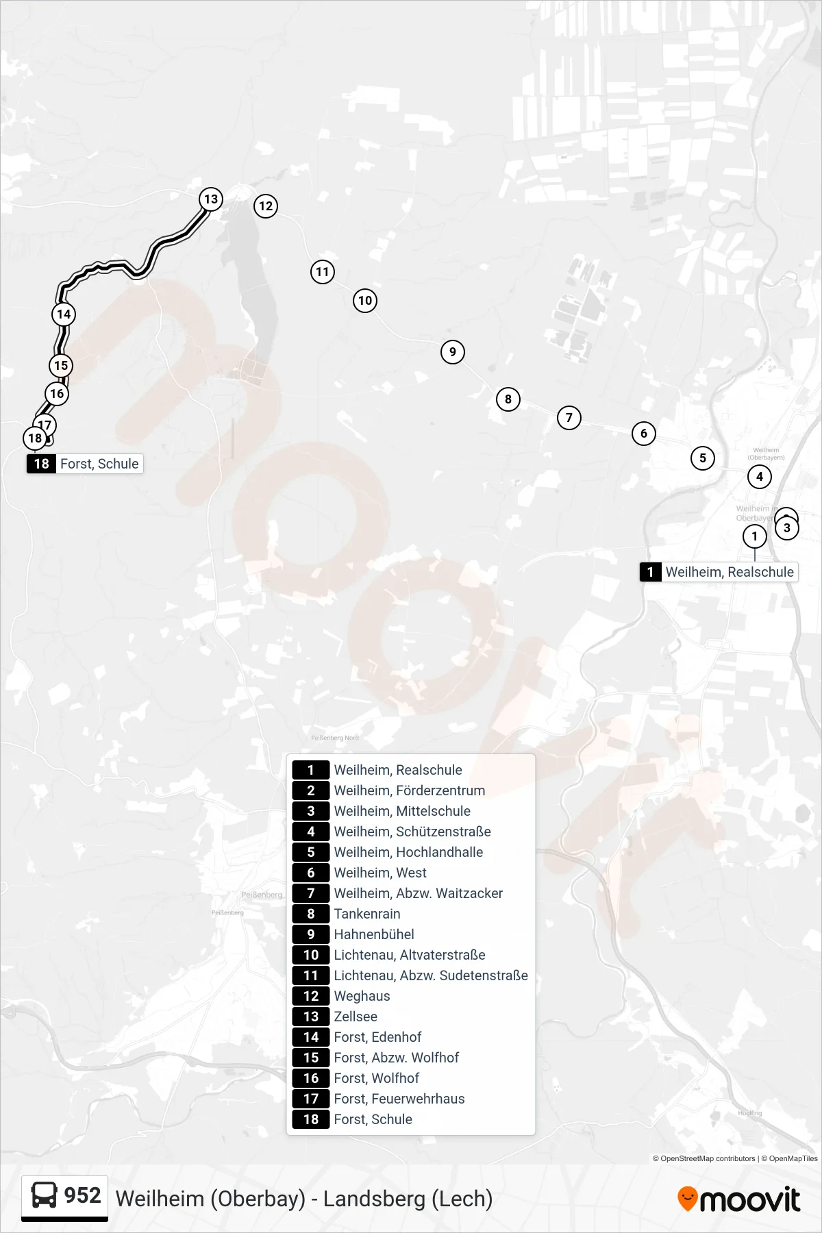 952 bus Line (Forst, Schule) route and stops on a map