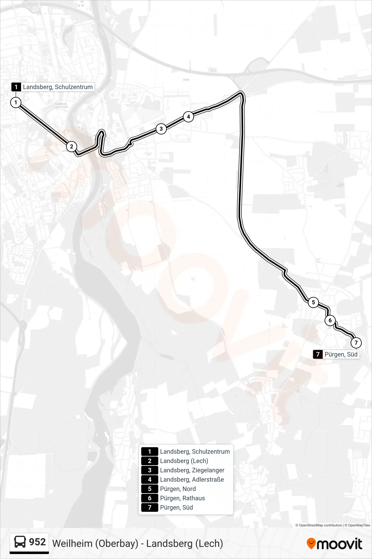 952 bus Line (Pürgen, Süd) route and stops on a map