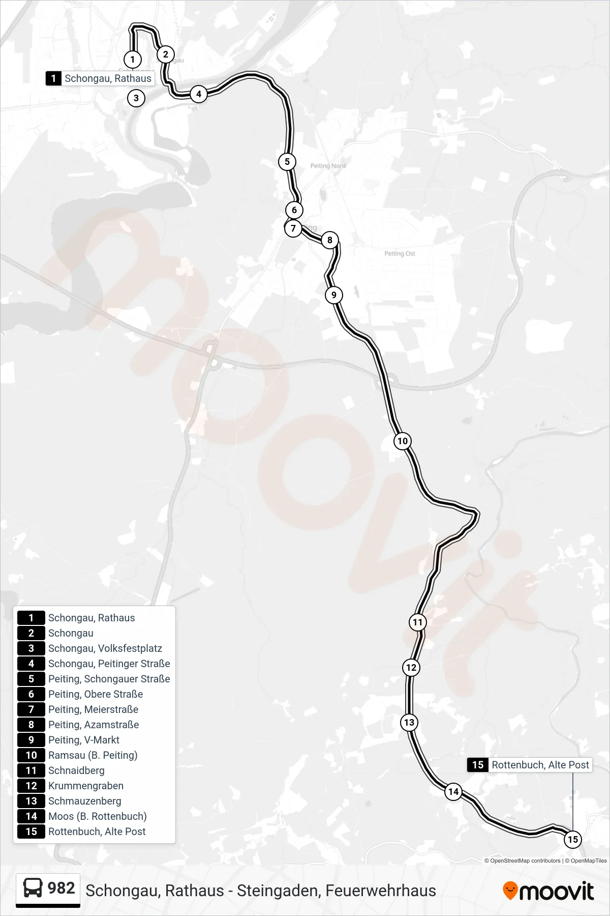Linie 982 (Bus) Richtung Rottenbuch, Alte Post: Route und Haltestellen auf der Karte