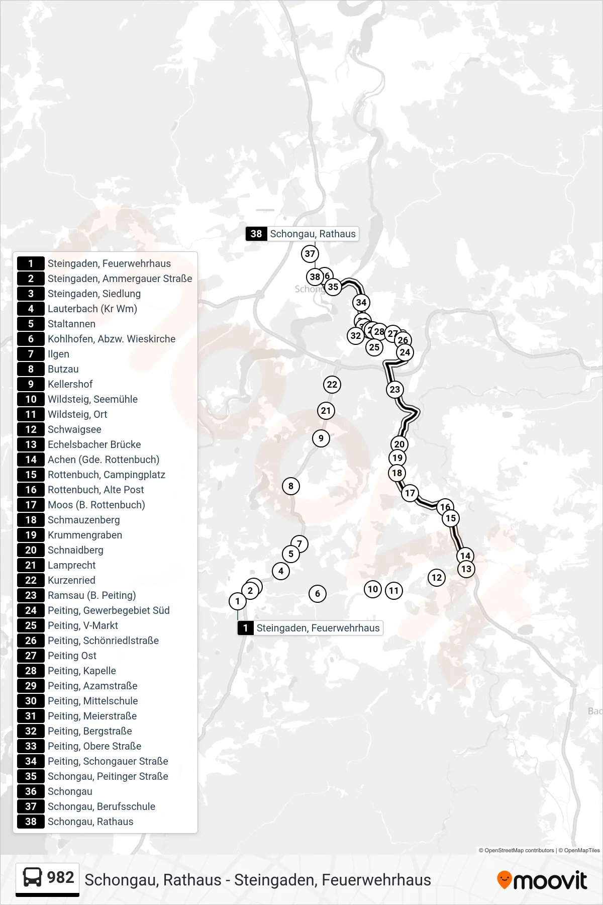 982 bus Line (Schongau, Rathaus) route and stops on a map