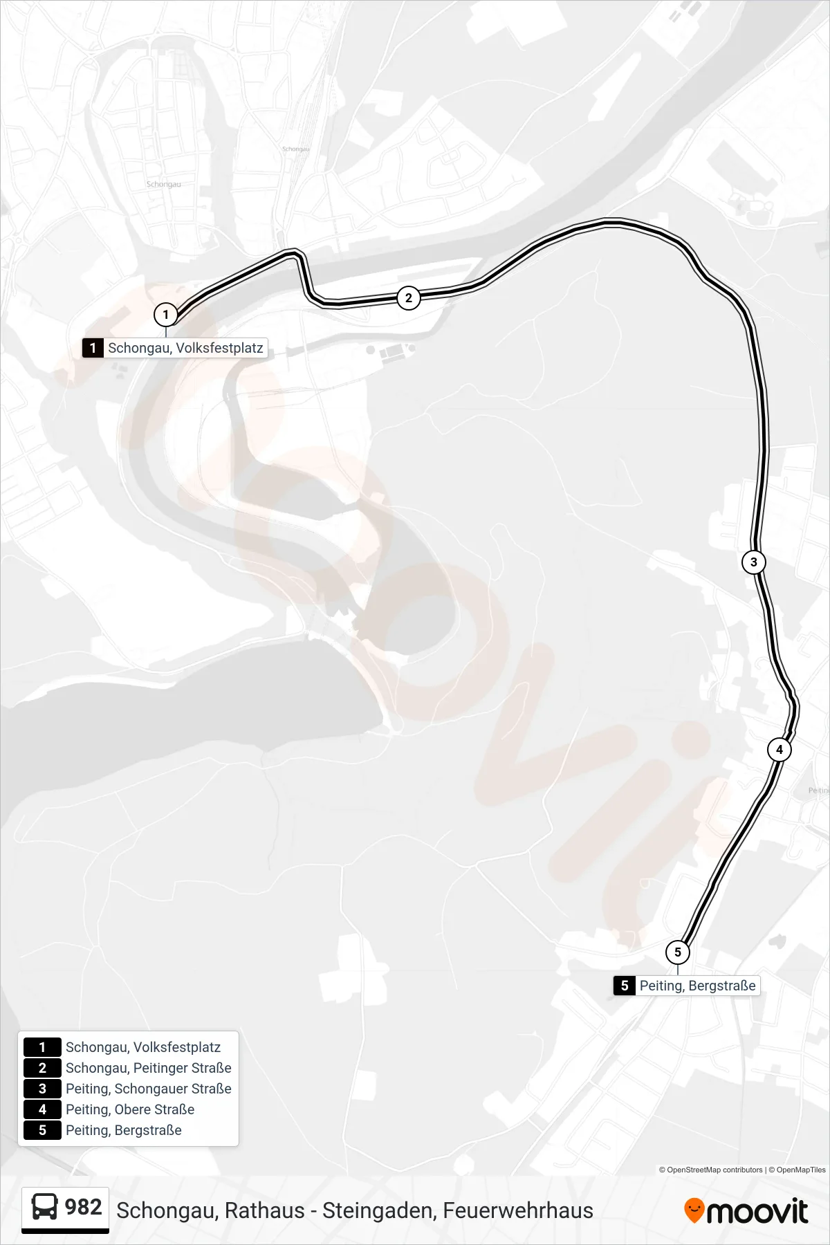 982 bus Line (Peiting, Bergstraße) route and stops on a map