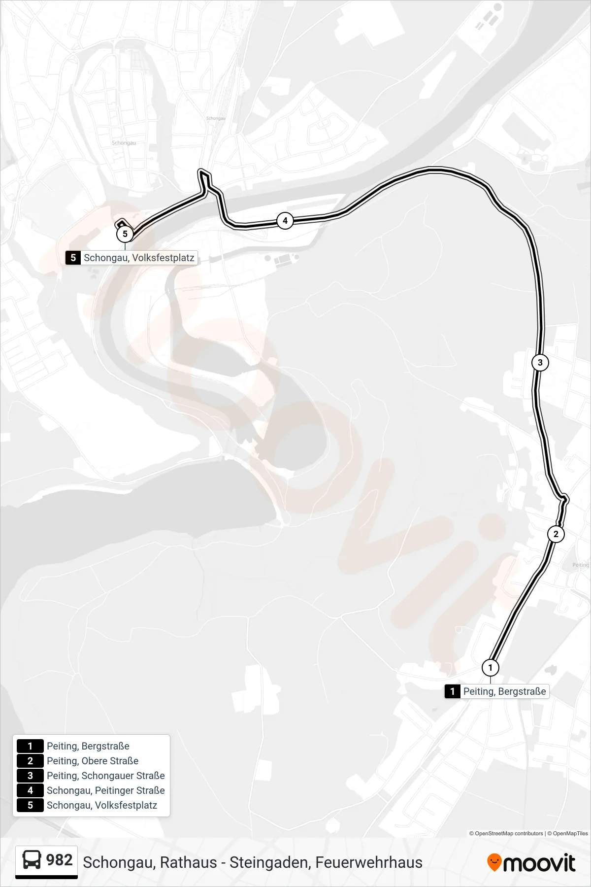 982 bus Line (Schongau, Volksfestplatz) route and stops on a map