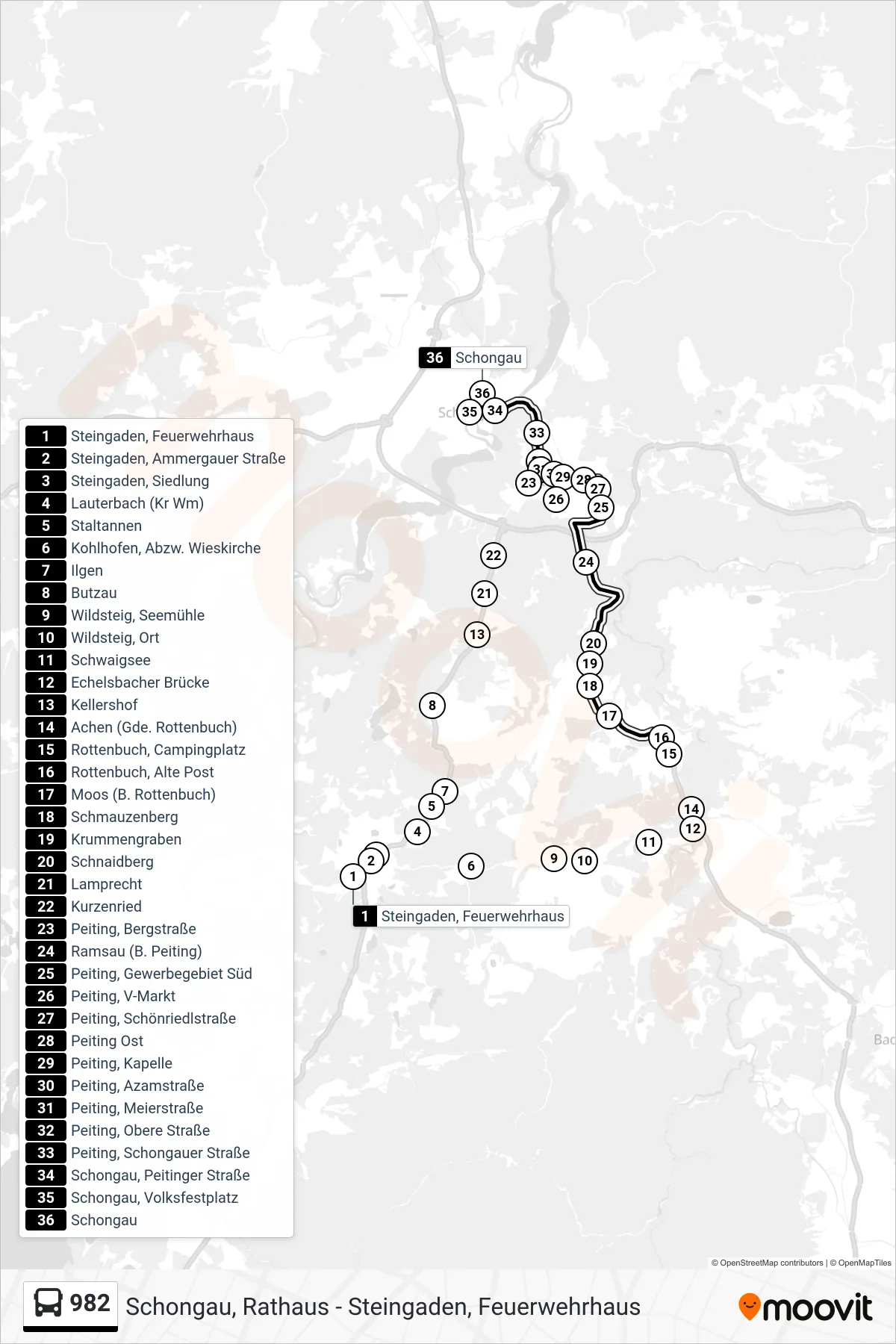 982 bus Line (Schongau) route and stops on a map