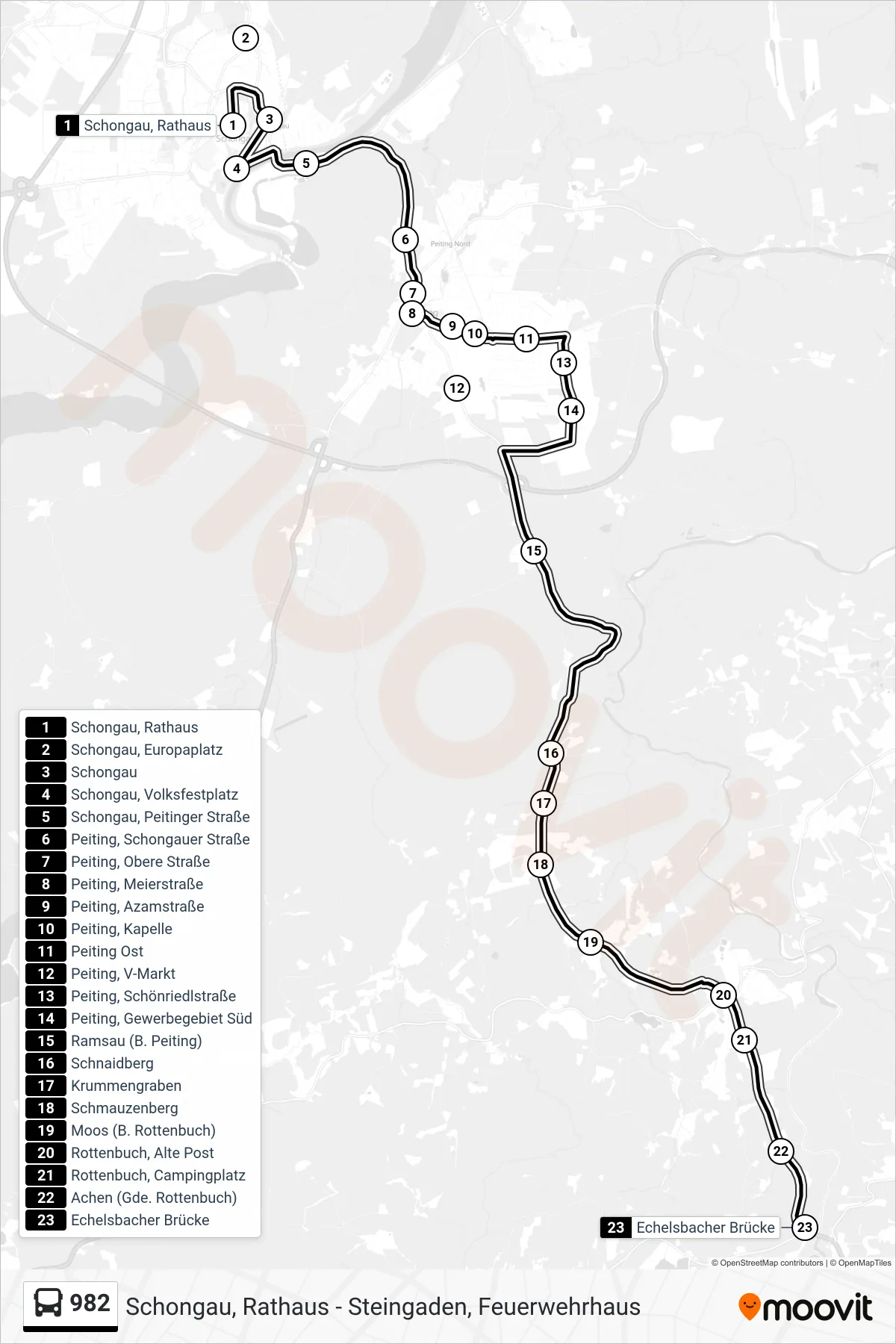 982 bus Line (Echelsbacher Brücke) route and stops on a map