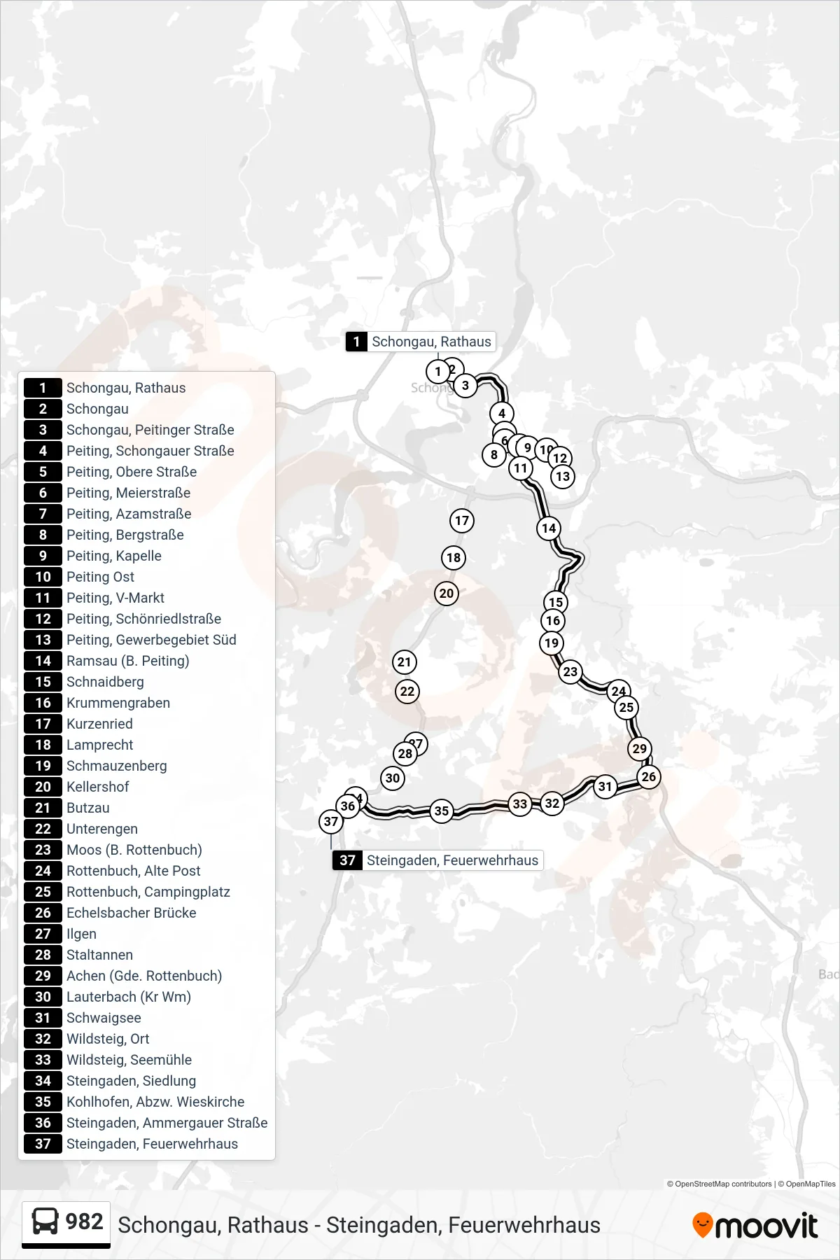 Linie 982 (Bus) Richtung Steingaden, Feuerwehrhaus: Route und Haltestellen auf der Karte