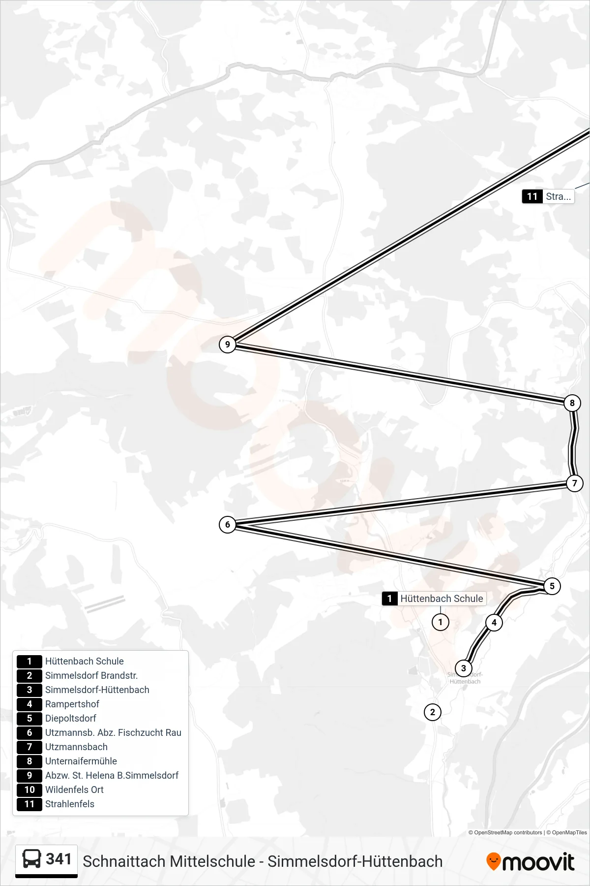 341 bus Line (Strahlenfels) route and stops on a map