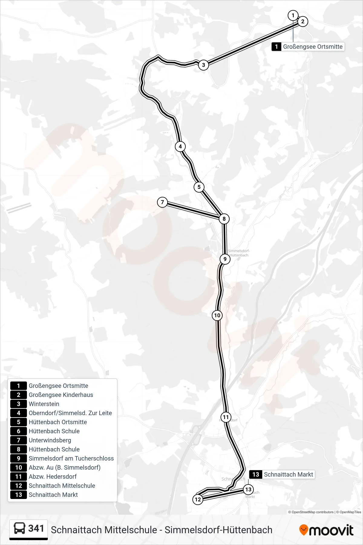 Linie 341 (Bus) Richtung Schnaittach Bahnhof: Route und Haltestellen auf der Karte