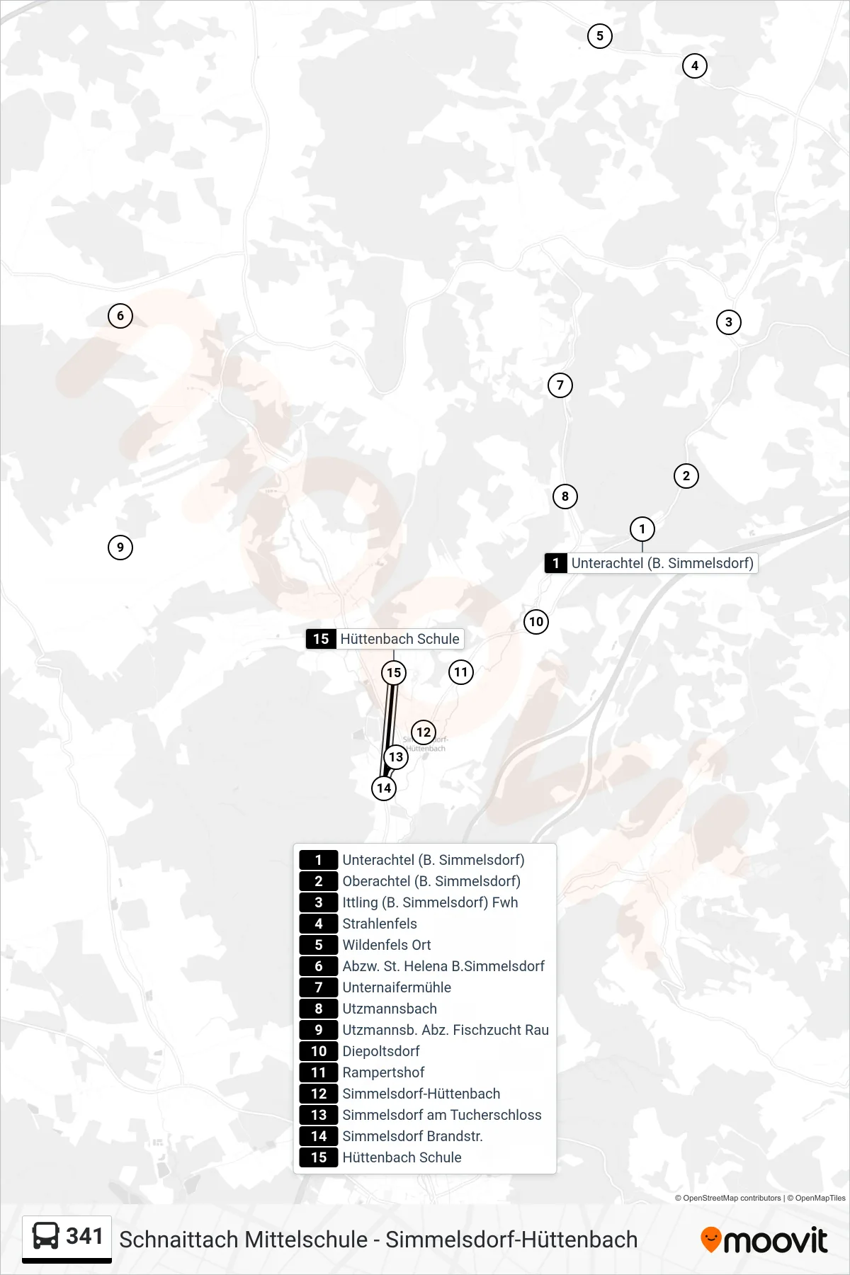 341 bus Line (Hüttenbach Schule) route and stops on a map