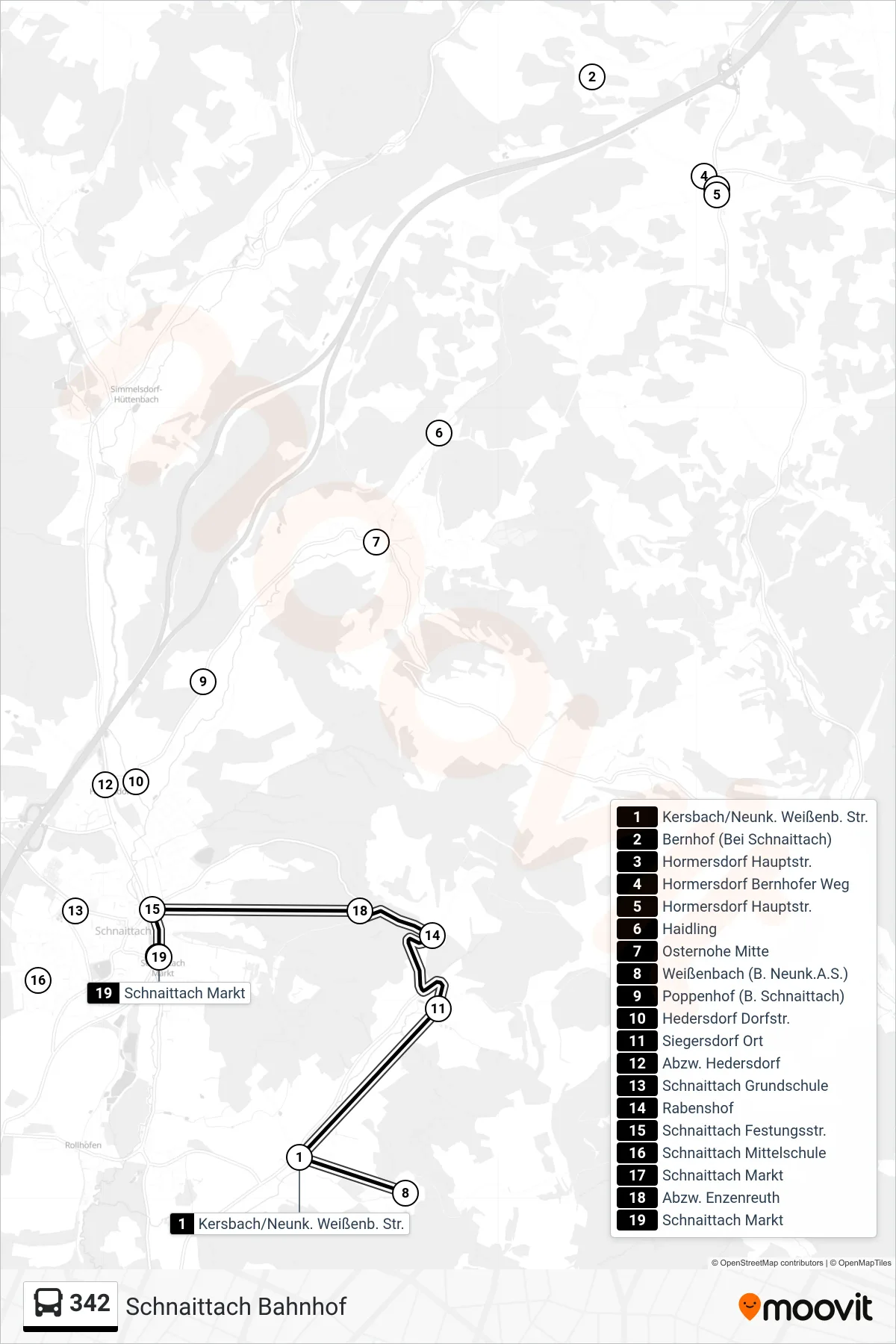 342 bus Line (Schnaittach Bahnhof) route and stops on a map