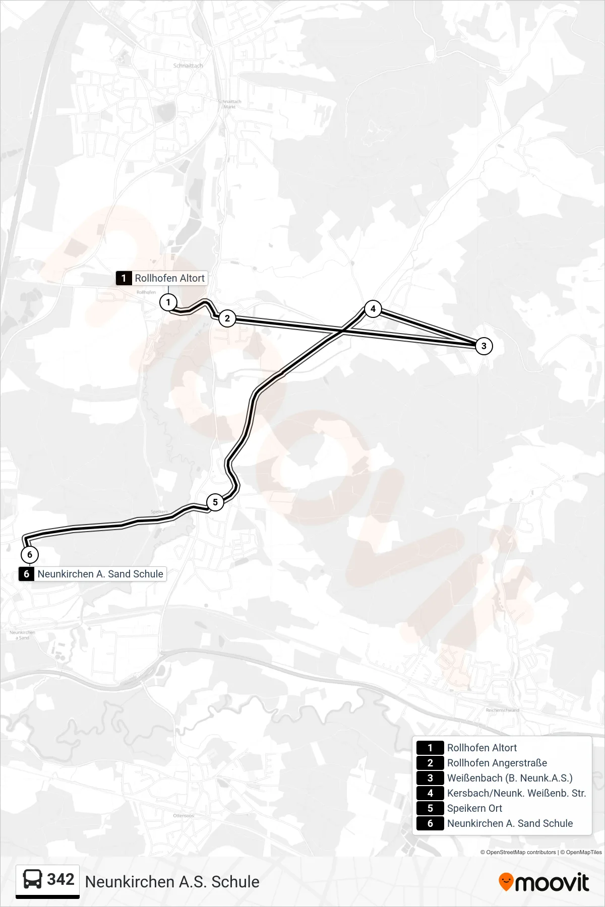 342 bus Line (Neunkirchen A.S. Schule) route and stops on a map