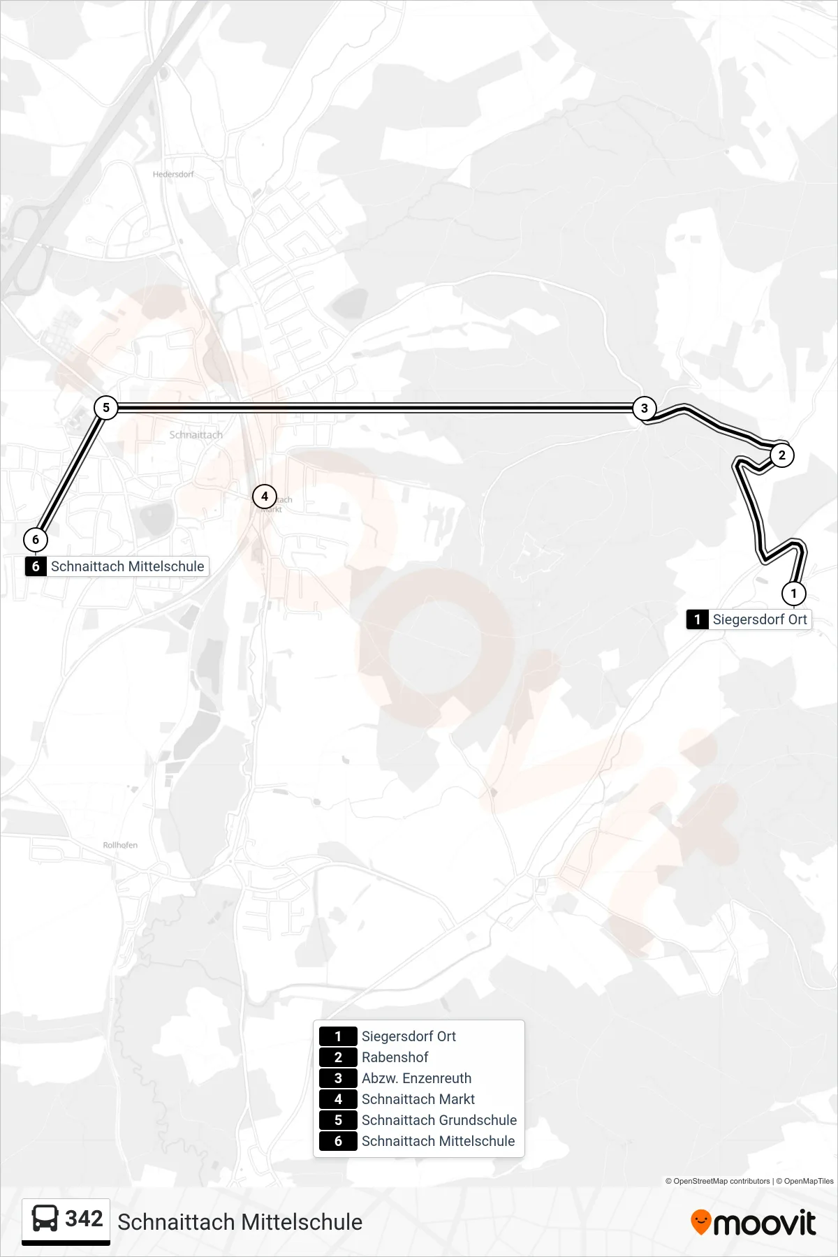 342 bus Line (Schnaittach Mittelschule) route and stops on a map