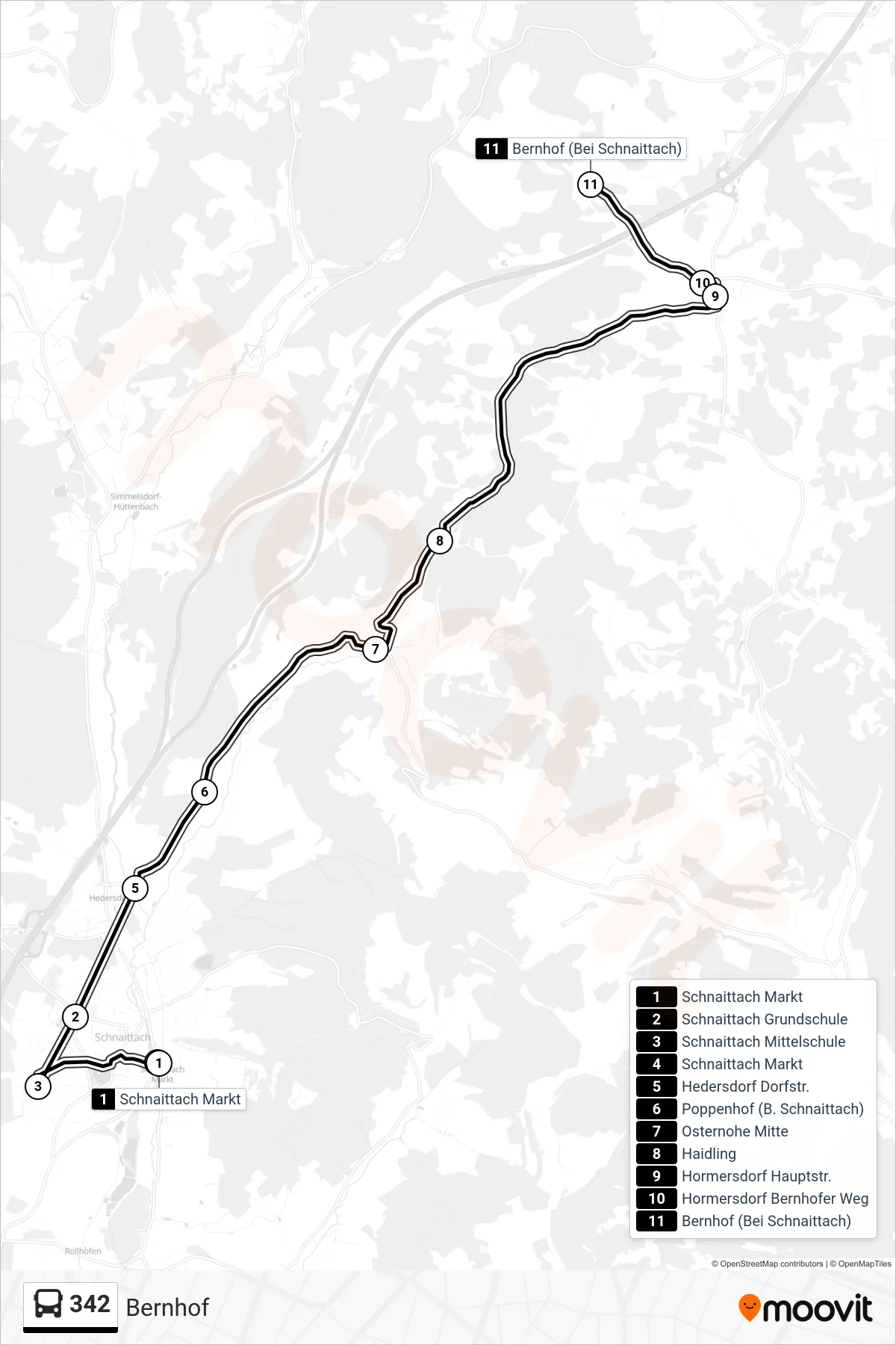 Linie 342 (Bus) Richtung Bernhof: Route und Haltestellen auf der Karte
