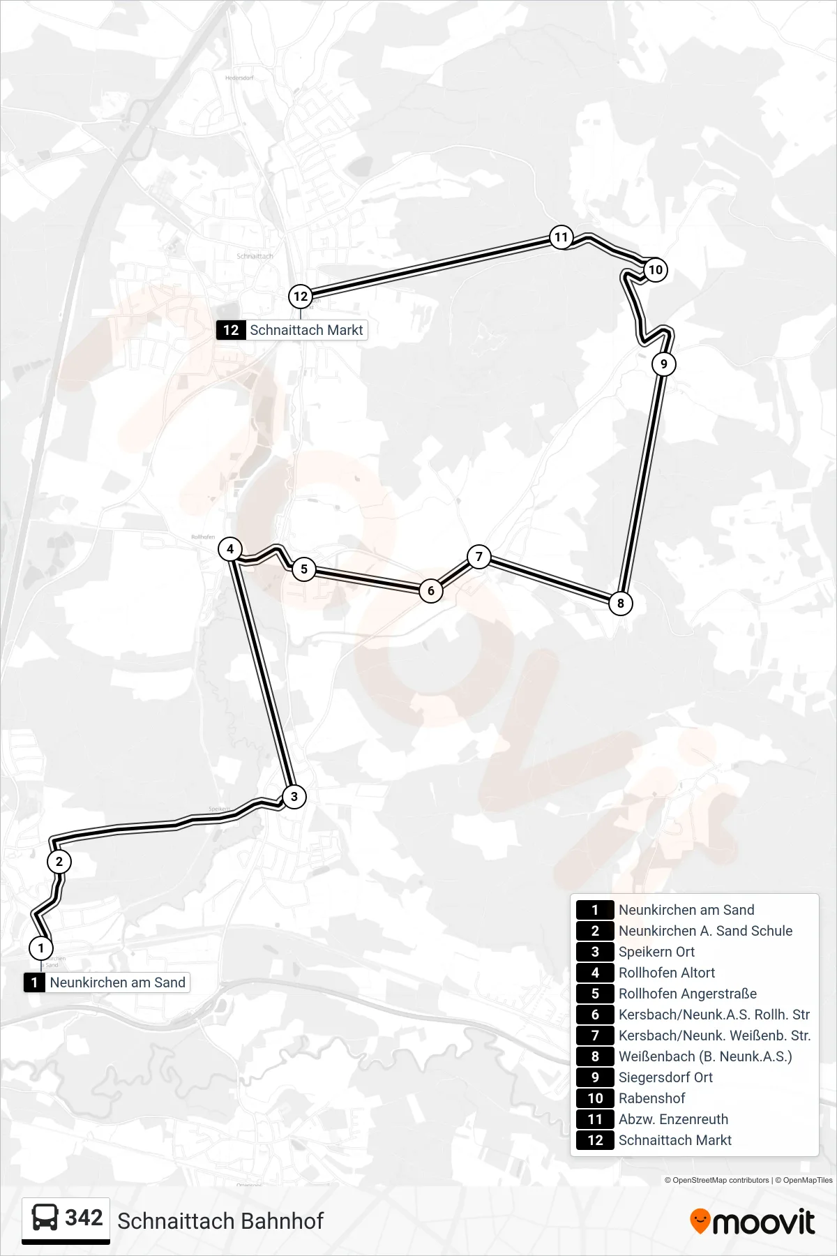 342 bus Line (Schnaittach Bahnhof) route and stops on a map