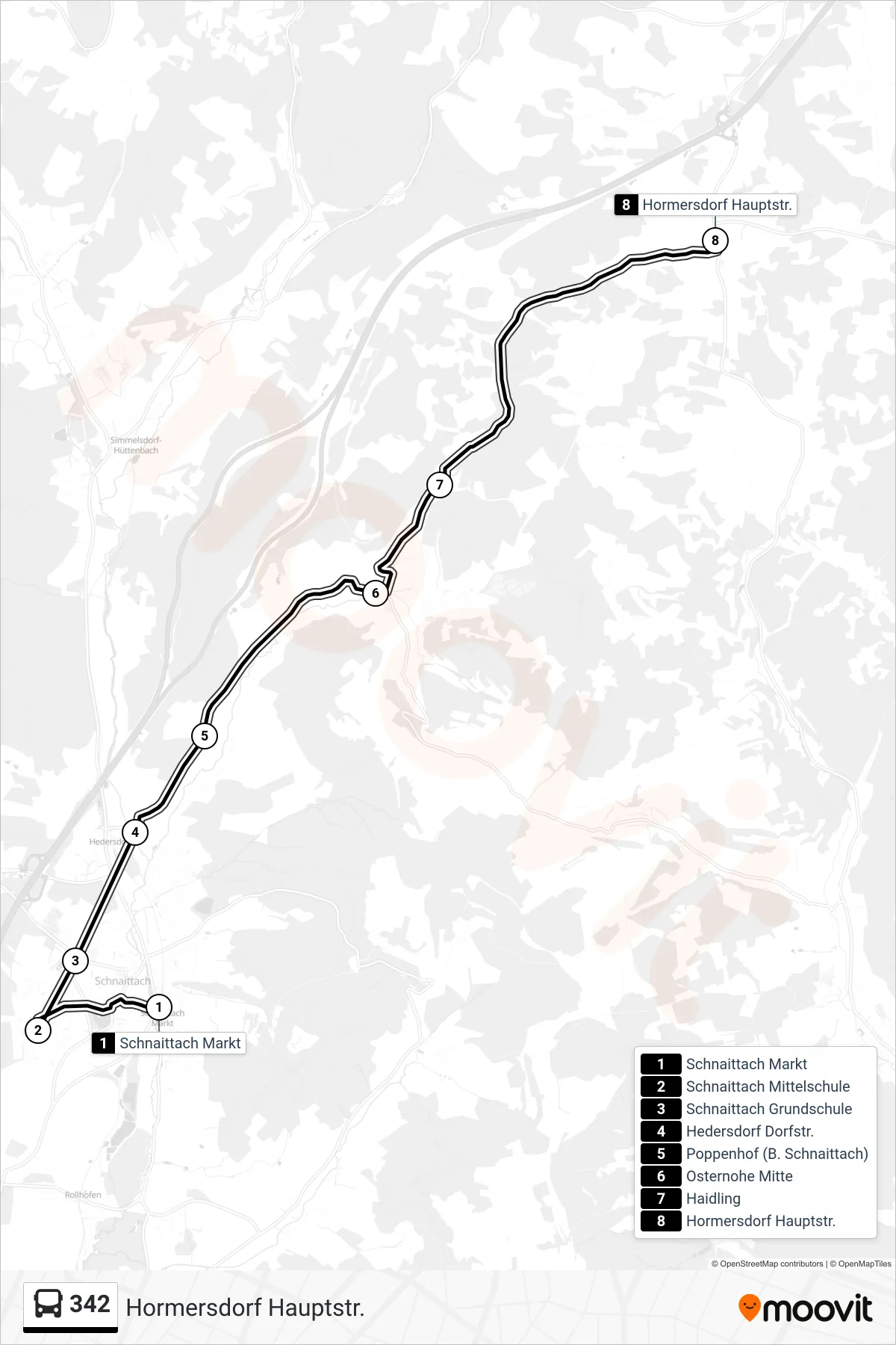 Linie 342 (Bus) Richtung Hormersdorf Hauptstr.: Route und Haltestellen auf der Karte