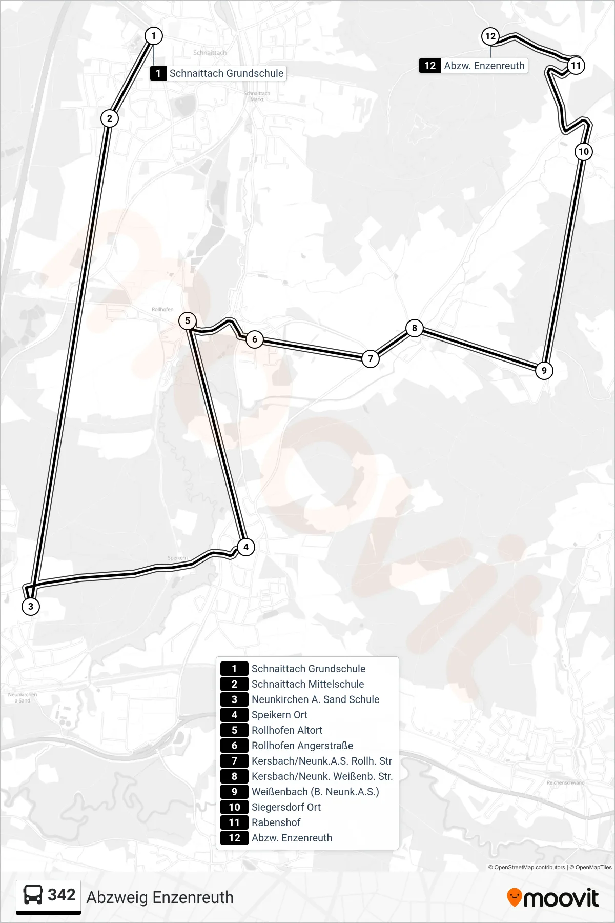 342 bus Line (Abzweig Enzenreuth) route and stops on a map