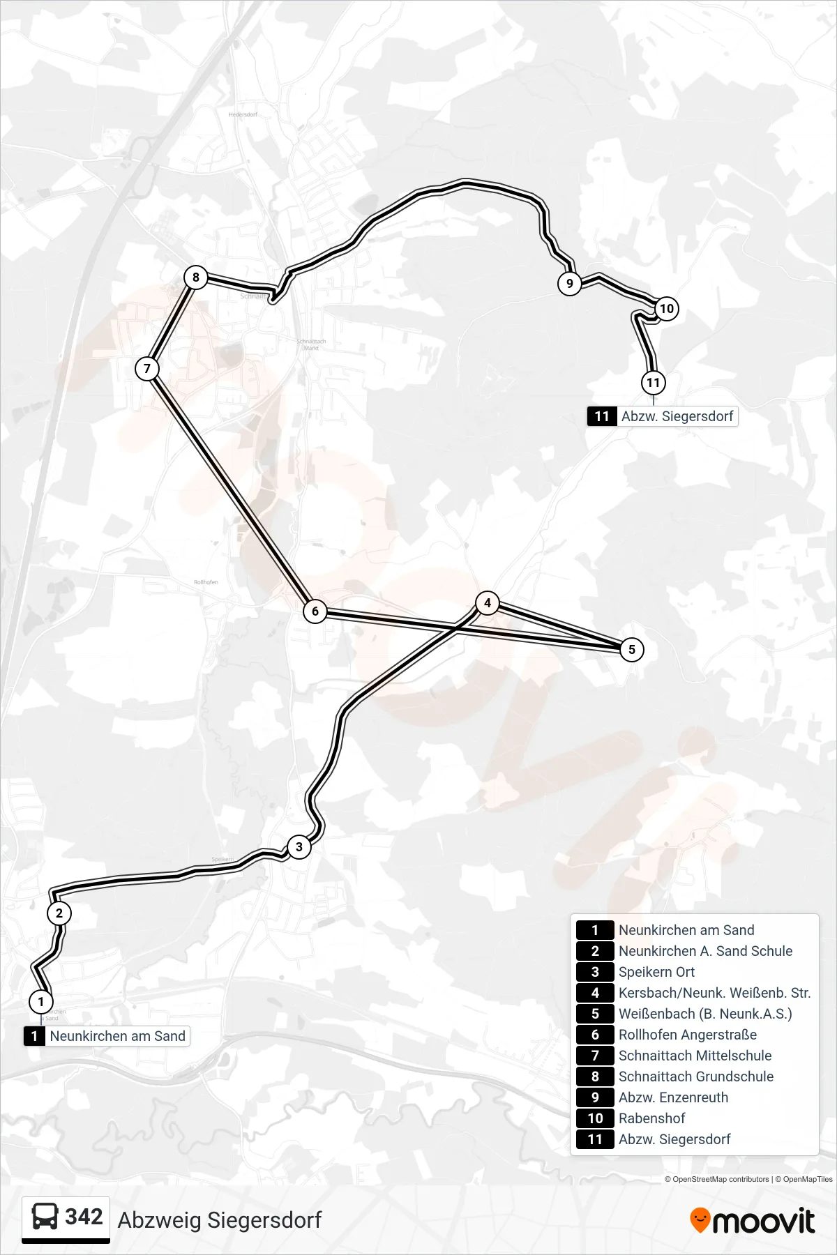 342 bus Line (Abzweig Siegersdorf) route and stops on a map