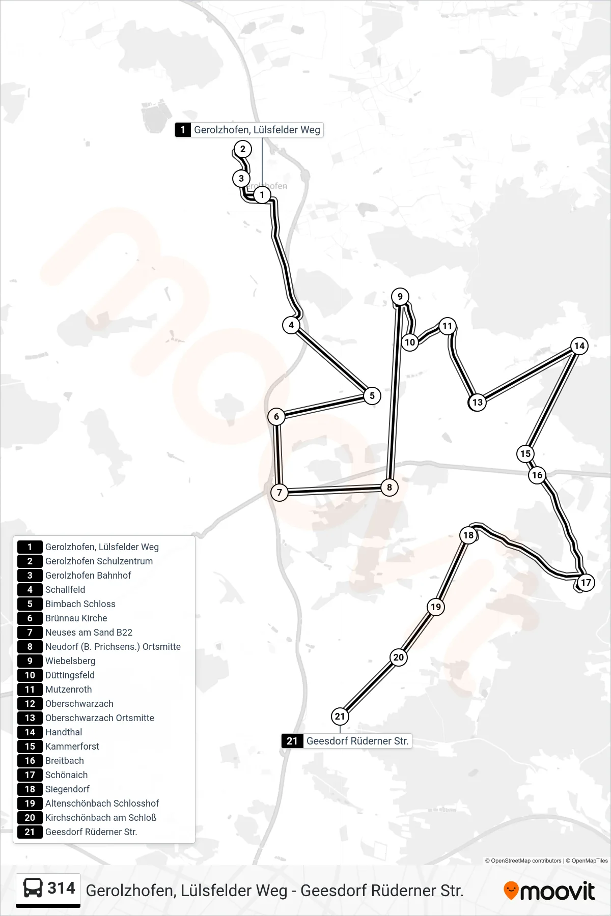 Linie 314 (Bus) Richtung Oberschwarzach Geesdorf: Route und Haltestellen auf der Karte