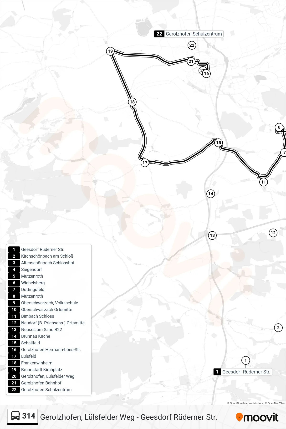 314 bus Line (Gerolzhofen) route and stops on a map
