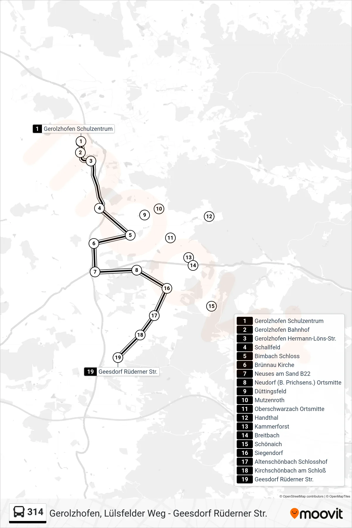 Linie 314 (Bus) Richtung Geesdorf: Route und Haltestellen auf der Karte