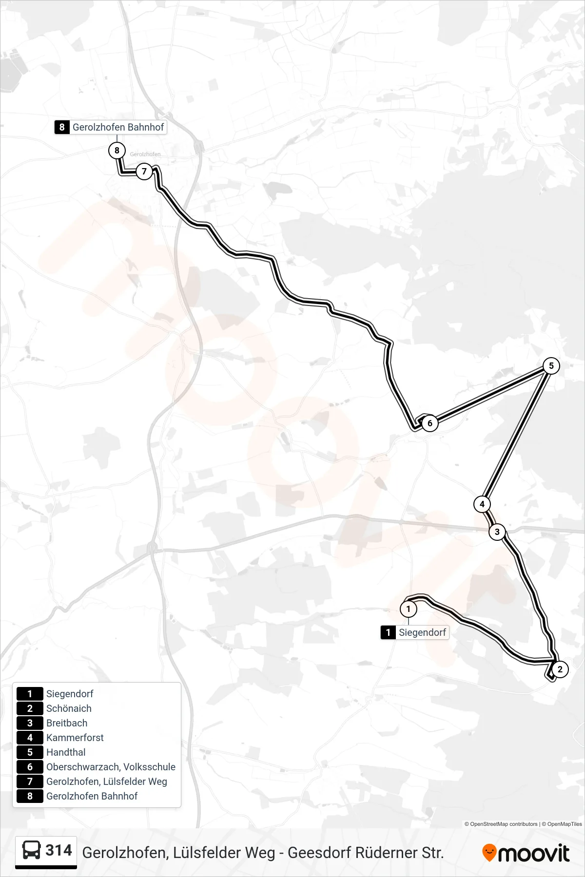 314 bus Line (Gerolzhofen Bahnhof) route and stops on a map
