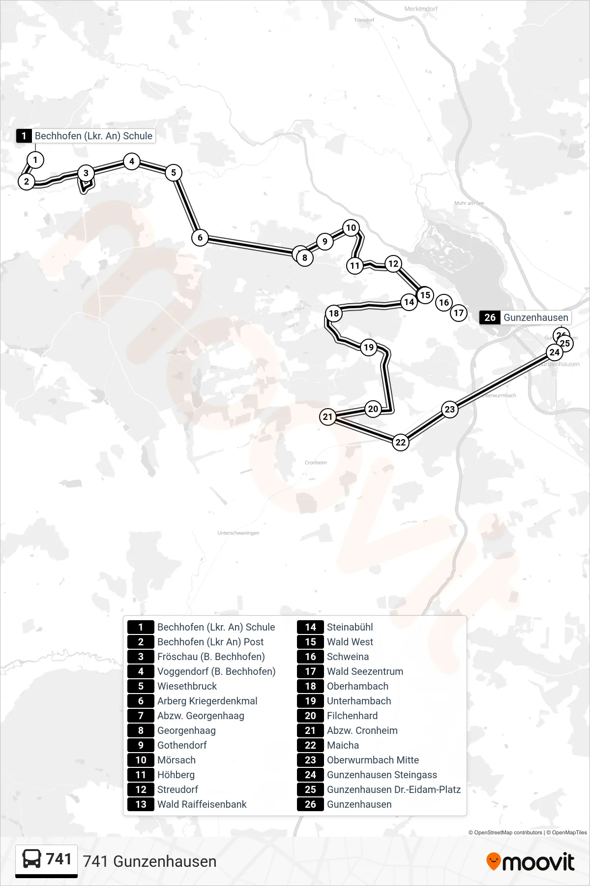 741 bus Line (741 Gunzenhausen) route and stops on a map