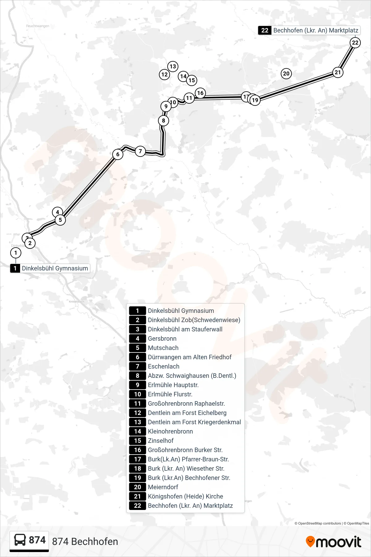 874 bus Line (874 Bechhofen) route and stops on a map