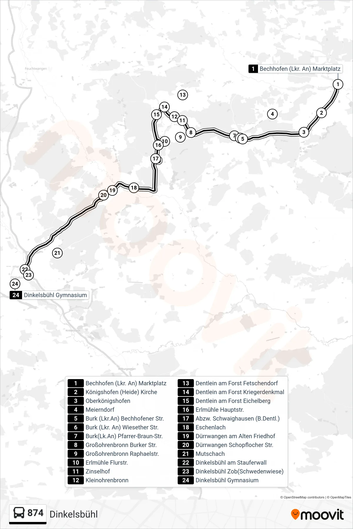 Linie 874 (Bus) Richtung Dinkelsbühl: Route und Haltestellen auf der Karte