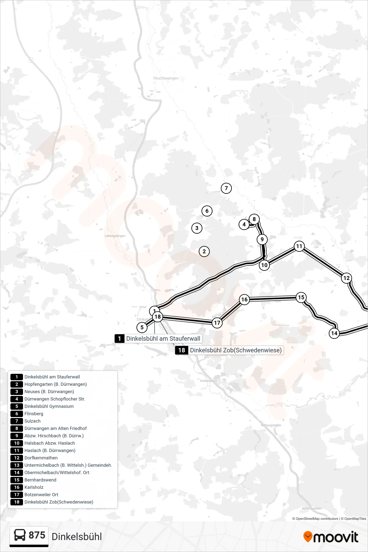 Linie 875 (Bus) Richtung Dinkelsbühl: Route und Haltestellen auf der Karte