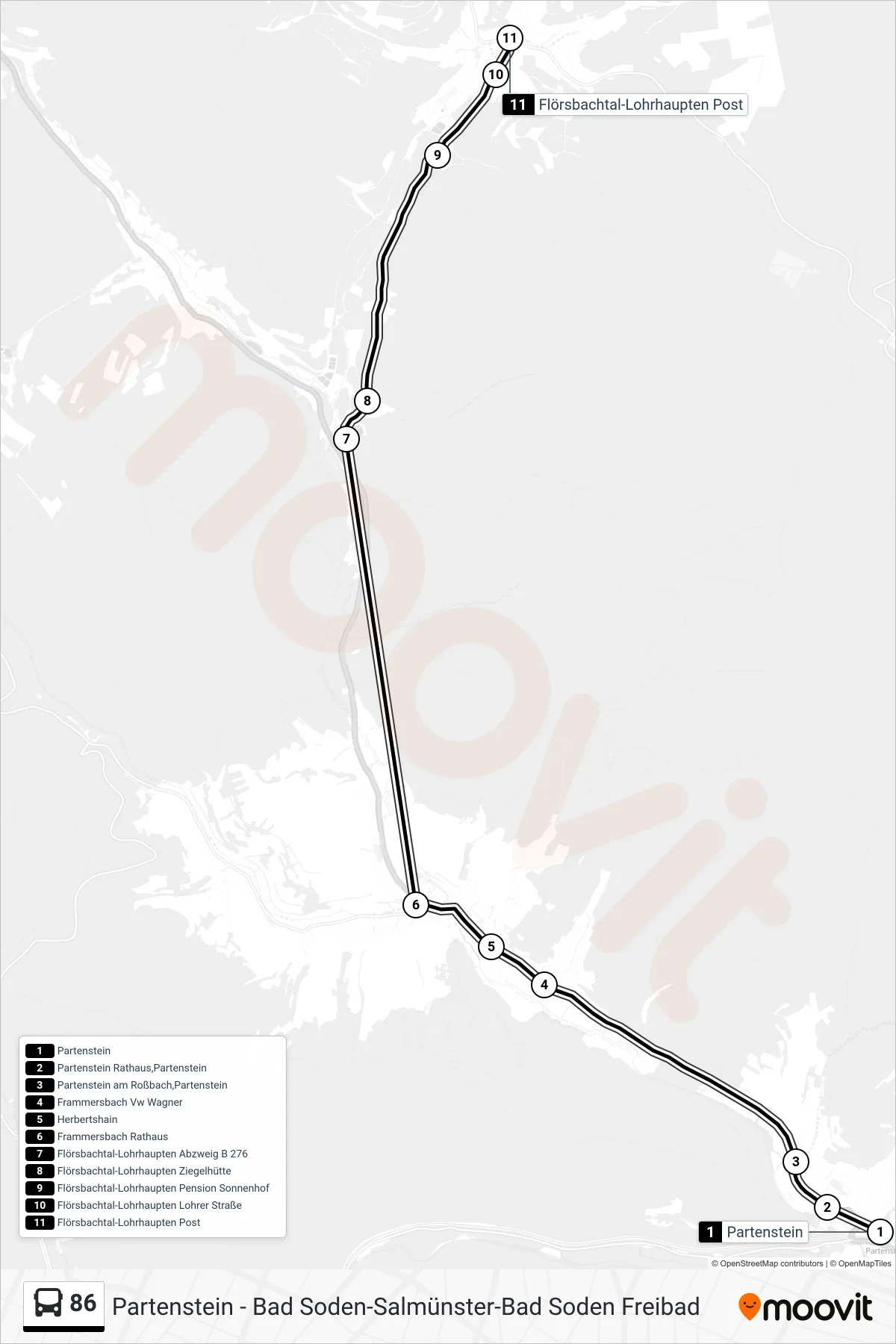 Linie 86 (Bus) Richtung Flörsbachtal-Lohrhaupten Post: Route und Haltestellen auf der Karte