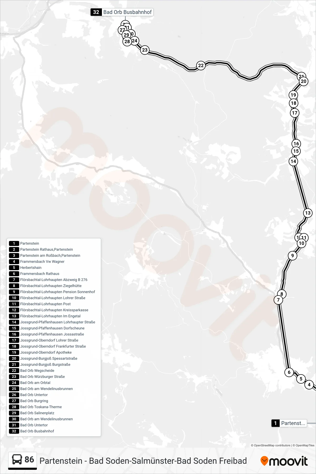 86 bus Line (Bad Orb) route and stops on a map