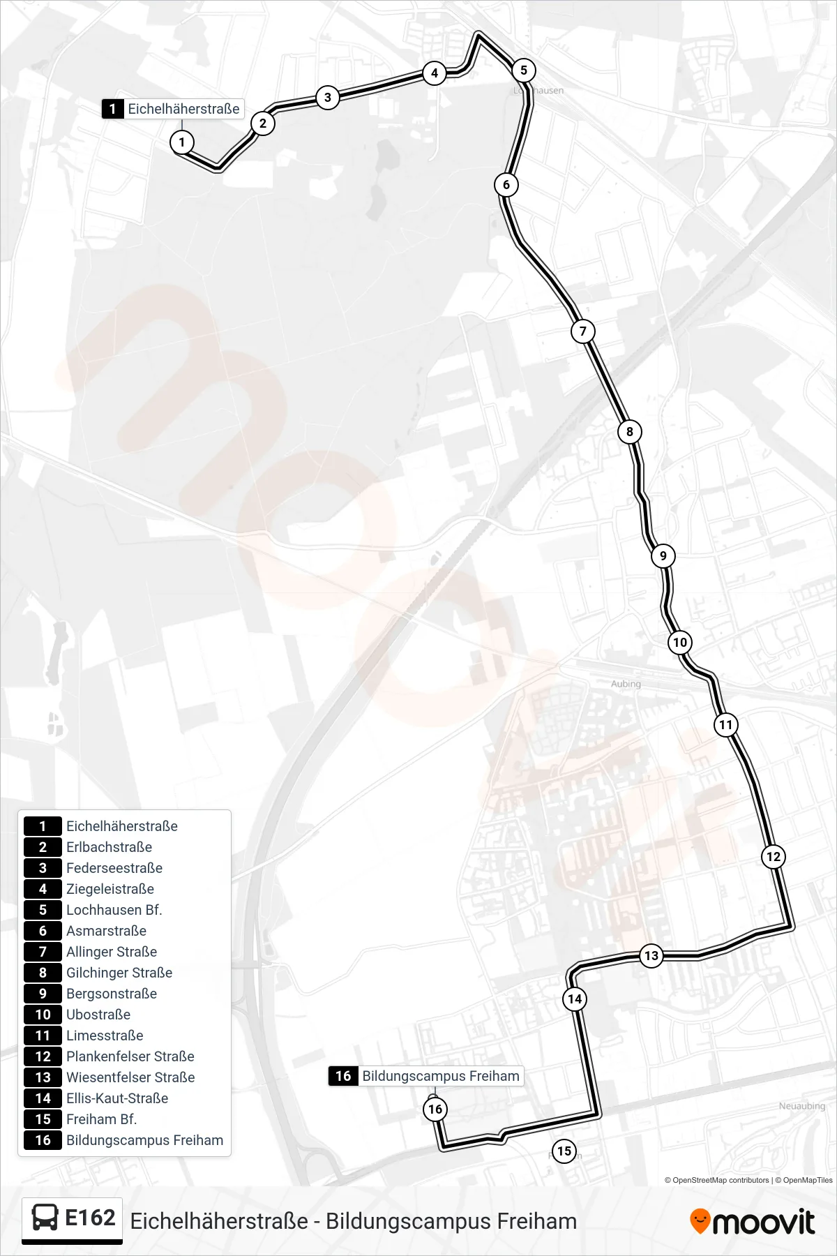 Linie E162 (Bus) Richtung Bildungscampus Freiham: Route und Haltestellen auf der Karte