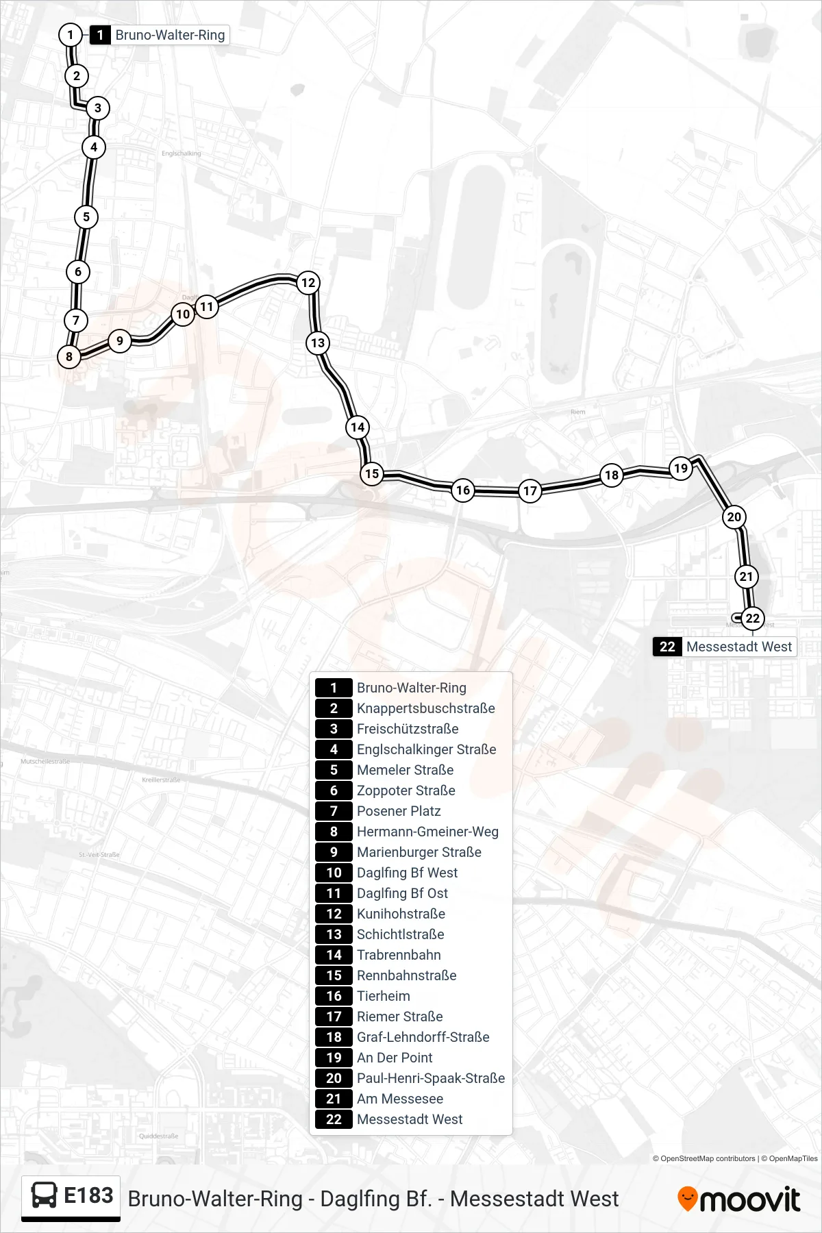 Linie E183 (Bus) Richtung Messestadt West: Route und Haltestellen auf der Karte