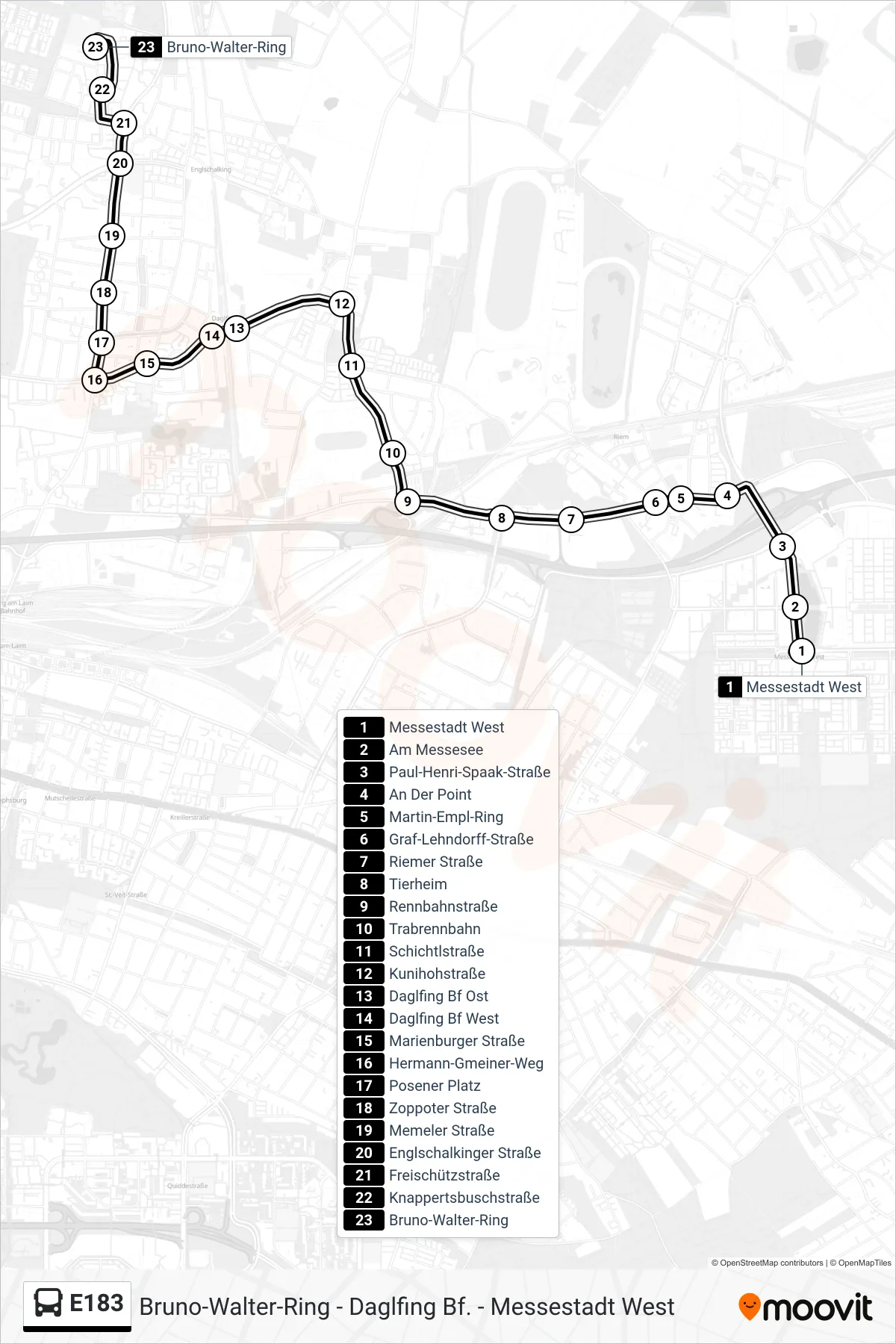 E183 bus Line (Bruno-Walter-Ring) route and stops on a map