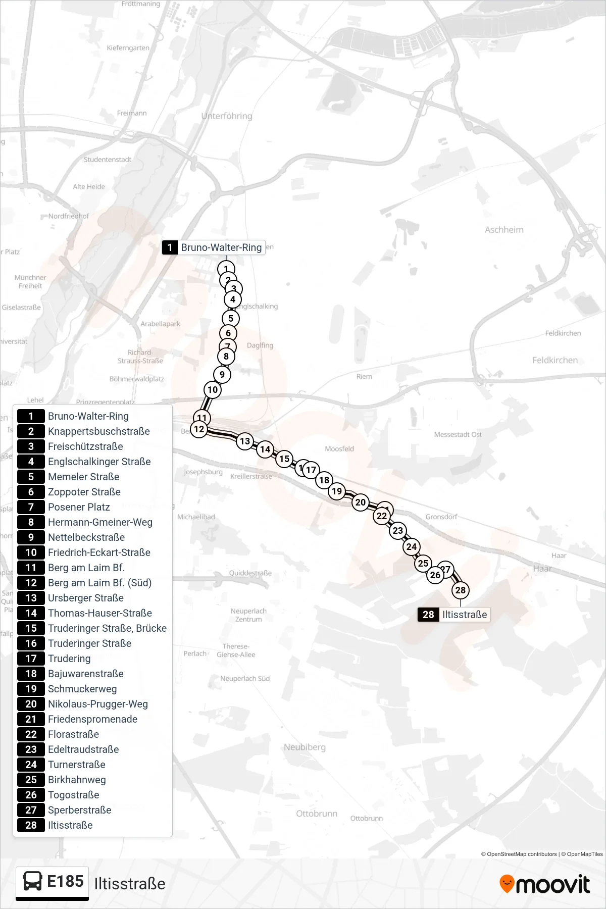 Linie E185 (Bus) Richtung Iltisstraße: Route und Haltestellen auf der Karte