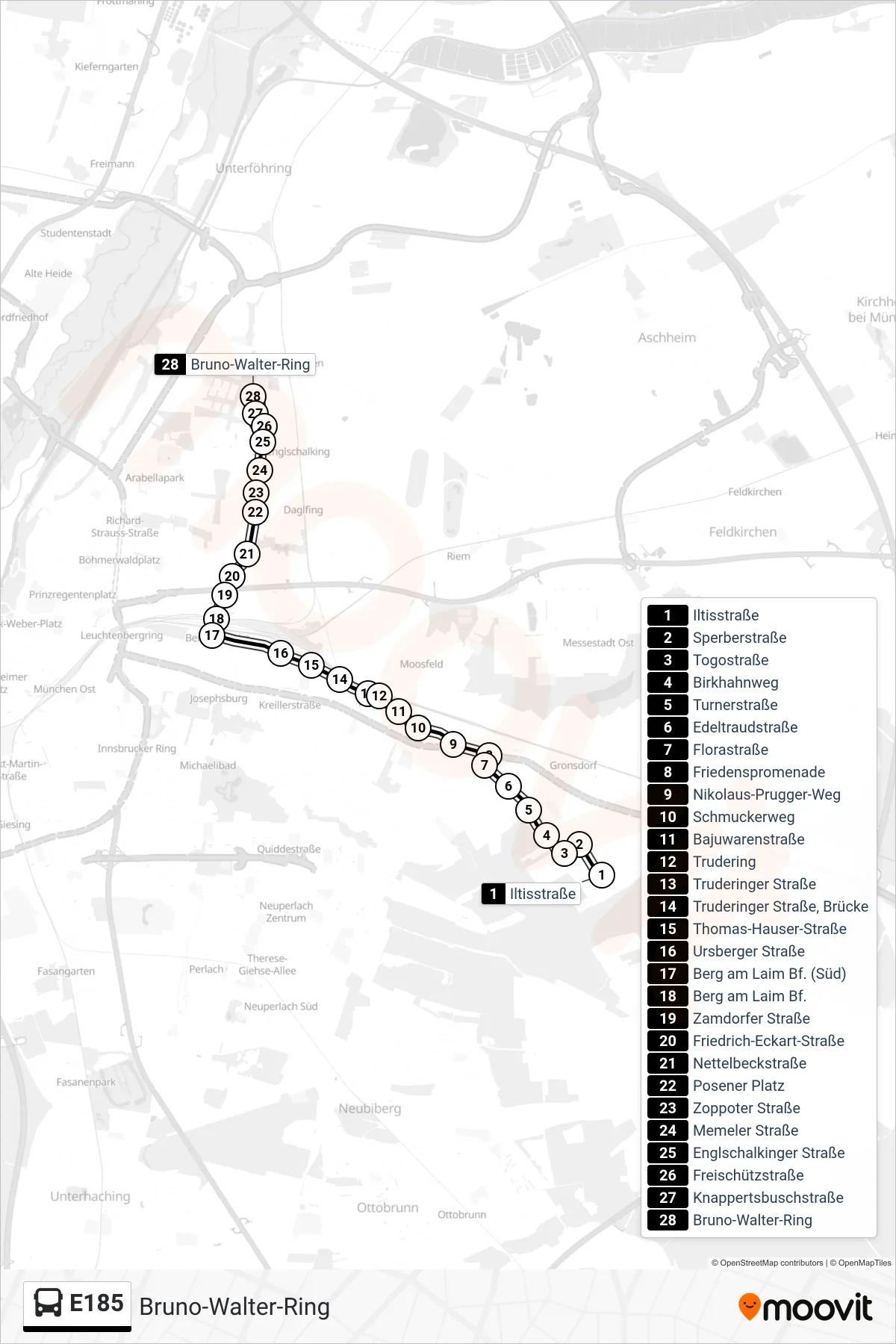 Linie E185 (Bus) Richtung Bruno-Walter-Ring: Route und Haltestellen auf der Karte