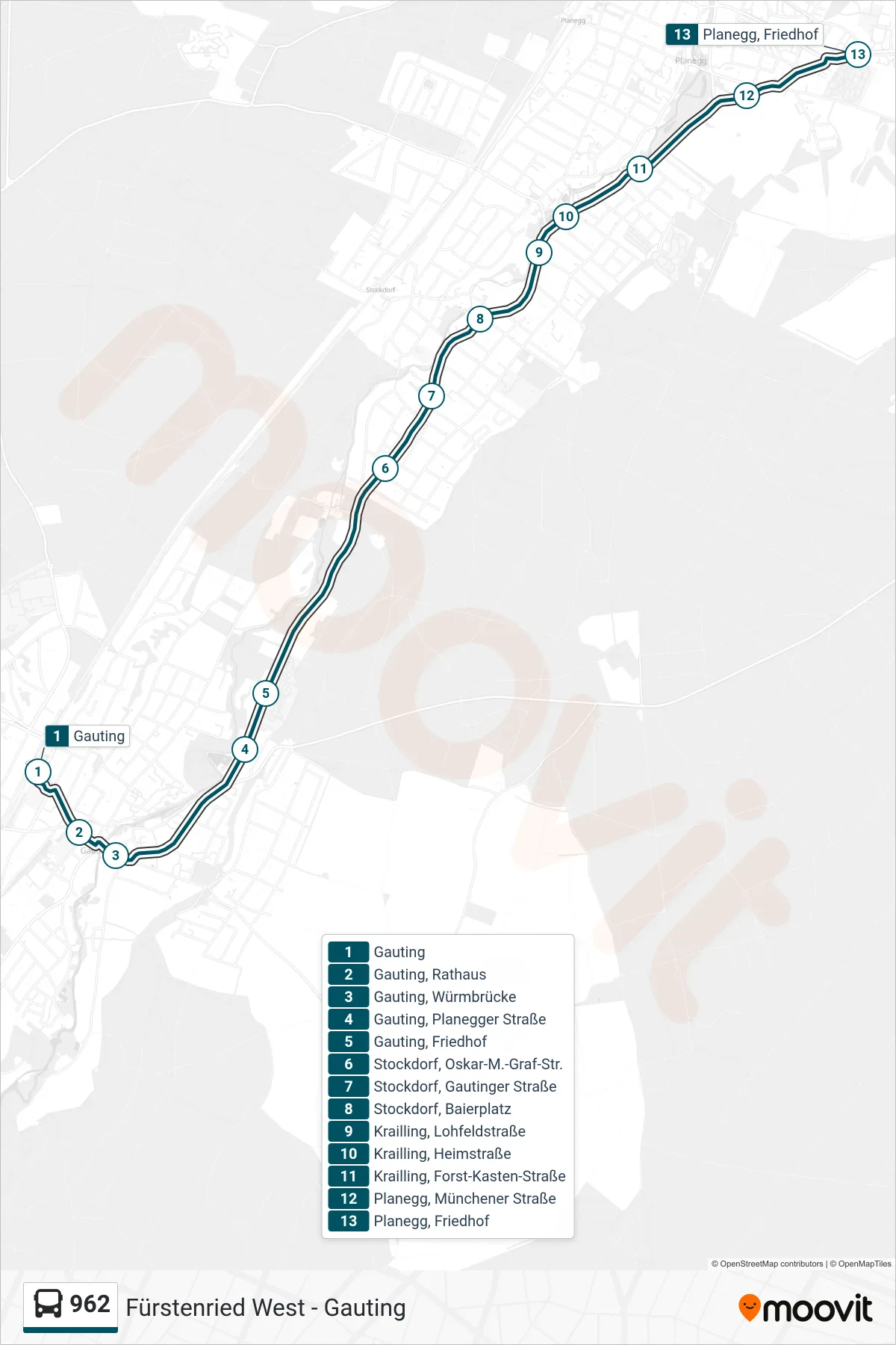 962 bus Line (Friedhof) route and stops on a map