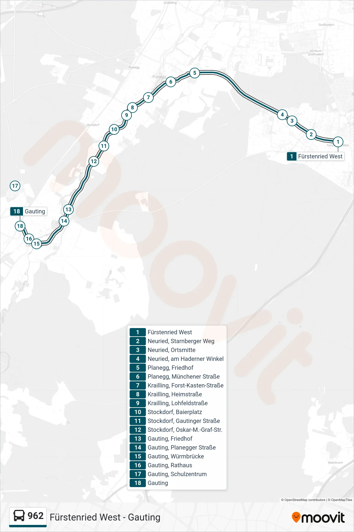 Linie 962 (Bus) Richtung Gauting: Route und Haltestellen auf der Karte
