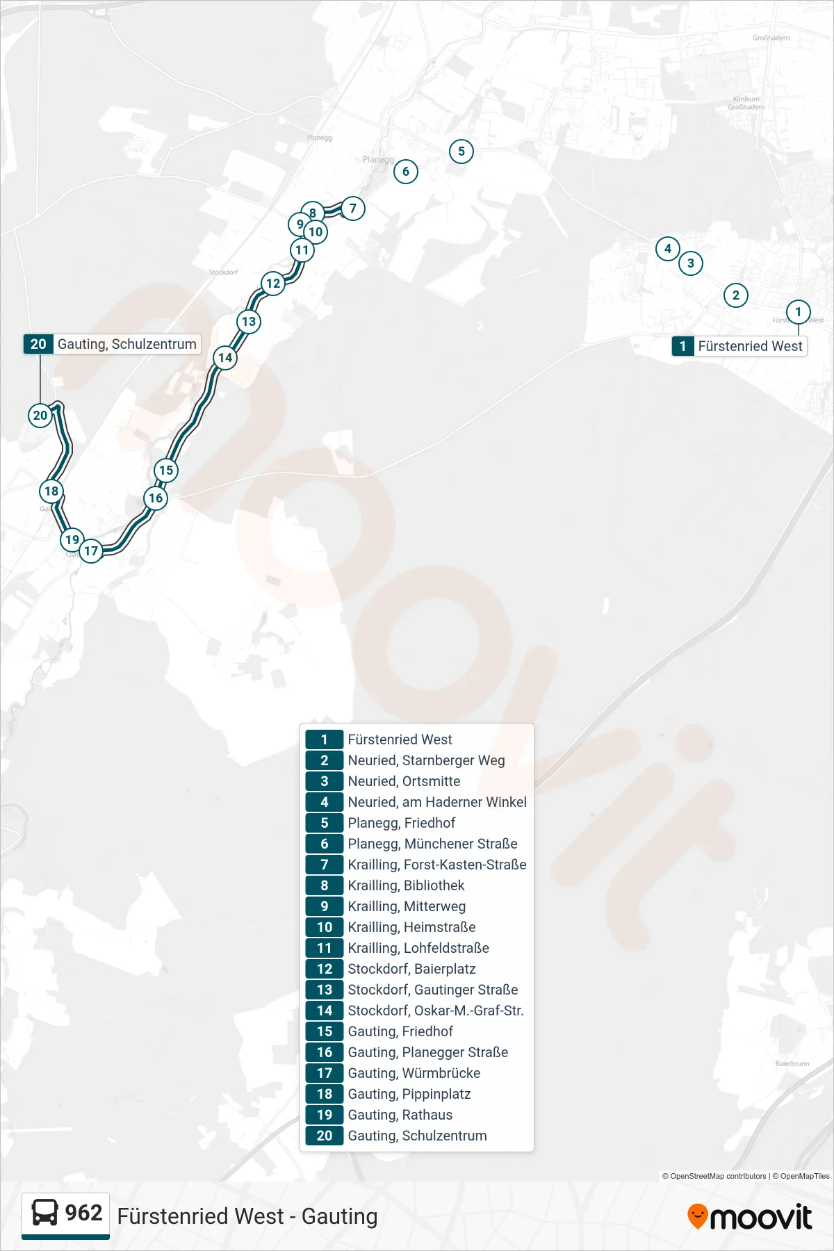 962 bus Line (Schulzentrum) route and stops on a map