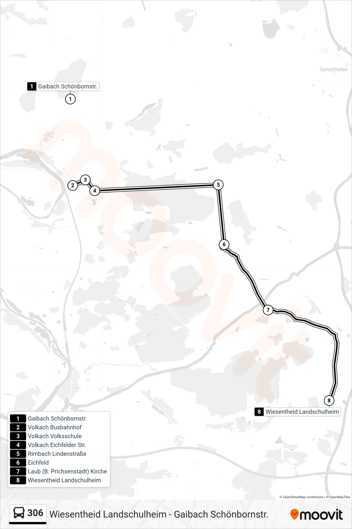 Linie 306 (Bus) Richtung Wiesentheid: Route und Haltestellen auf der Karte