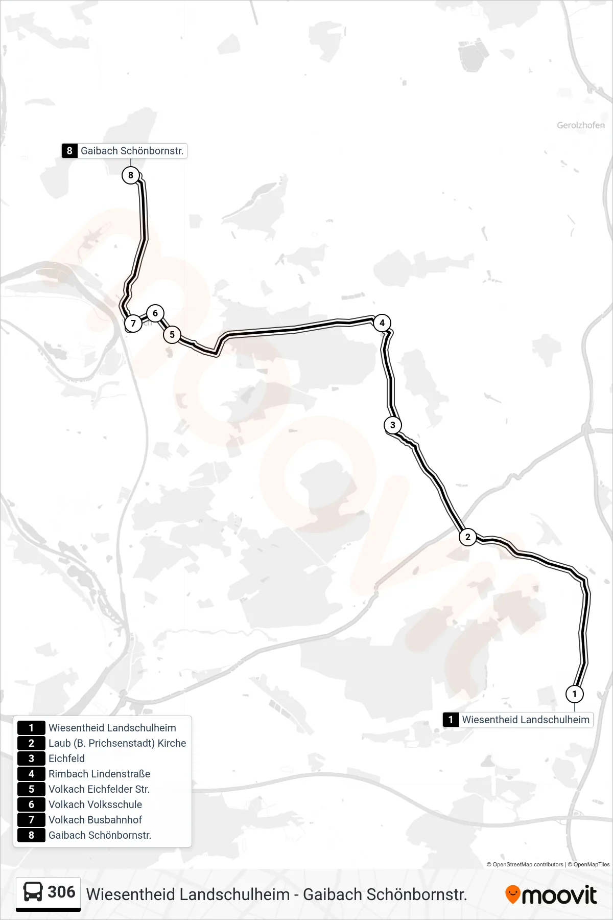 306 bus Line (Gaibach) route and stops on a map