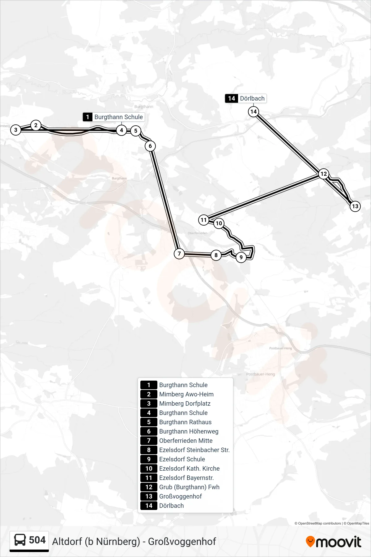 504 bus Line (Dörlbach) route and stops on a map