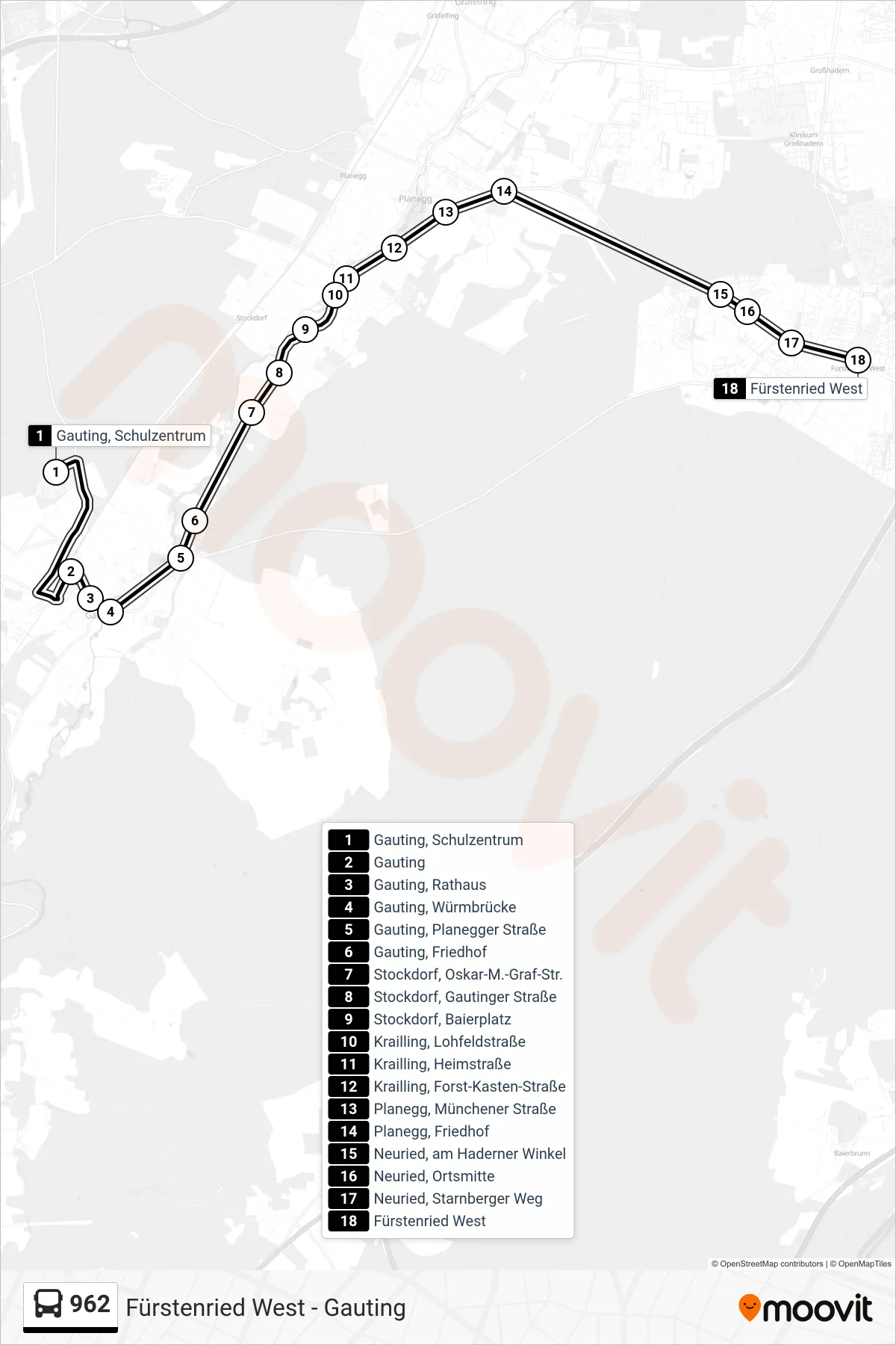 962 bus Line (Fürstenried West) route and stops on a map