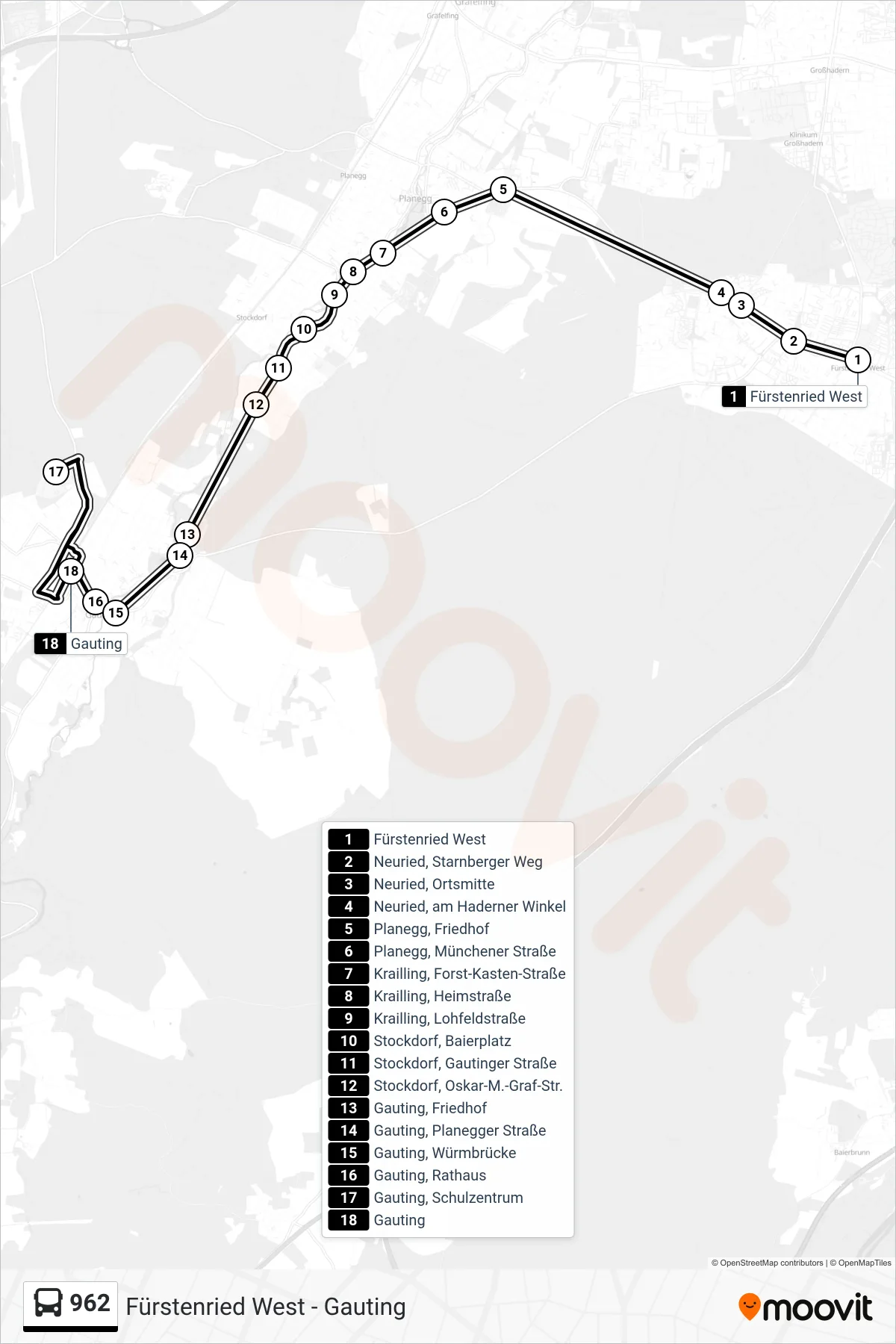 Linie 962 (Bus) Richtung Gauting: Route und Haltestellen auf der Karte