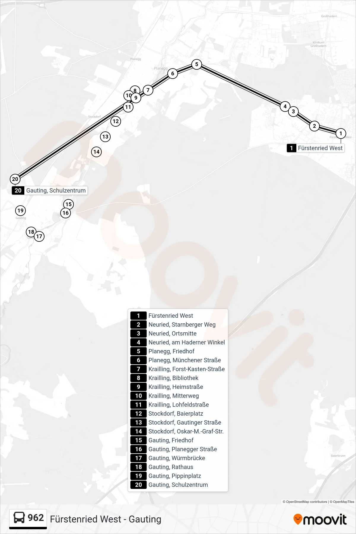 962 bus Line (Gauting, Schulzentrum) route and stops on a map