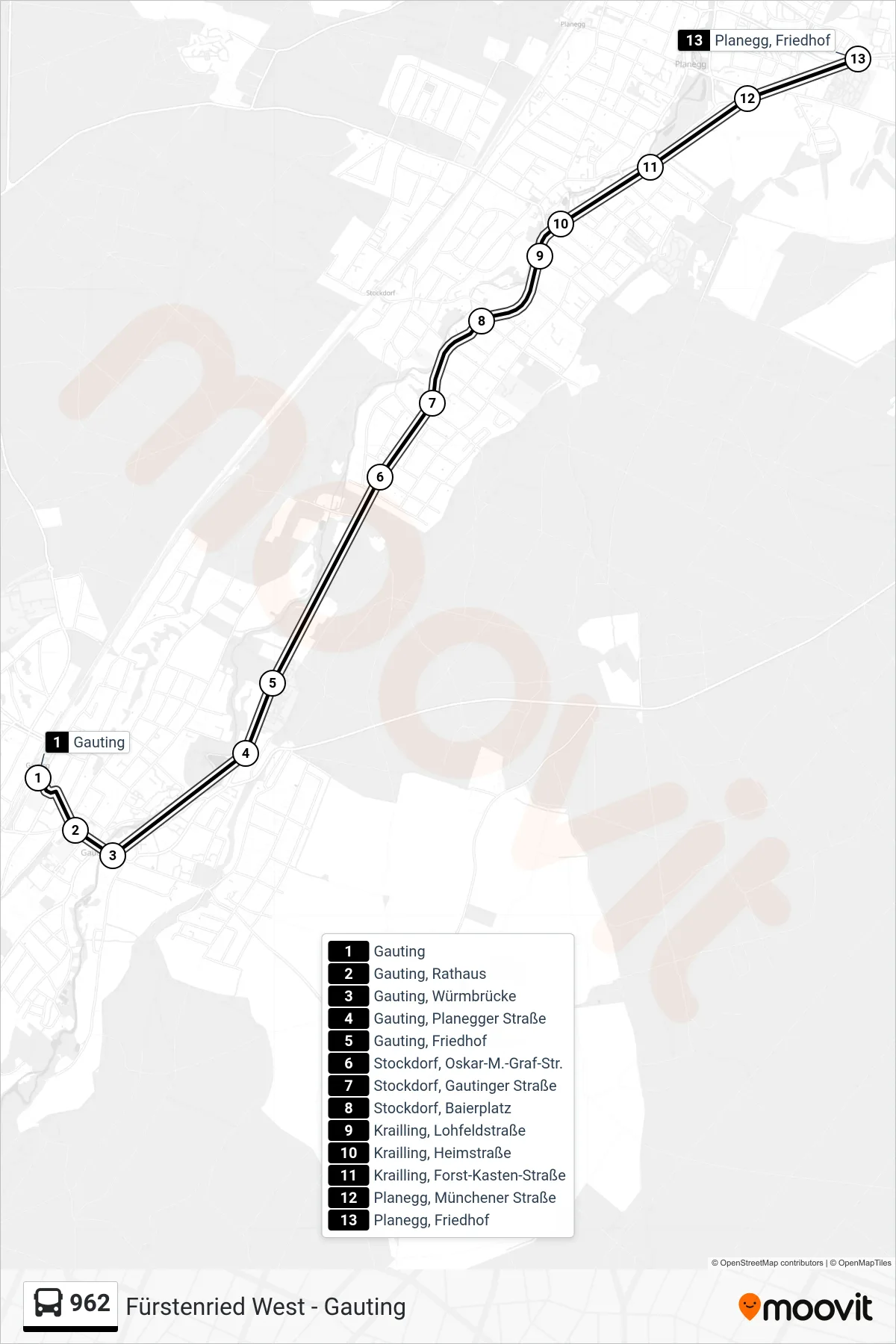 962 bus Line (Planegg, Friedhof) route and stops on a map