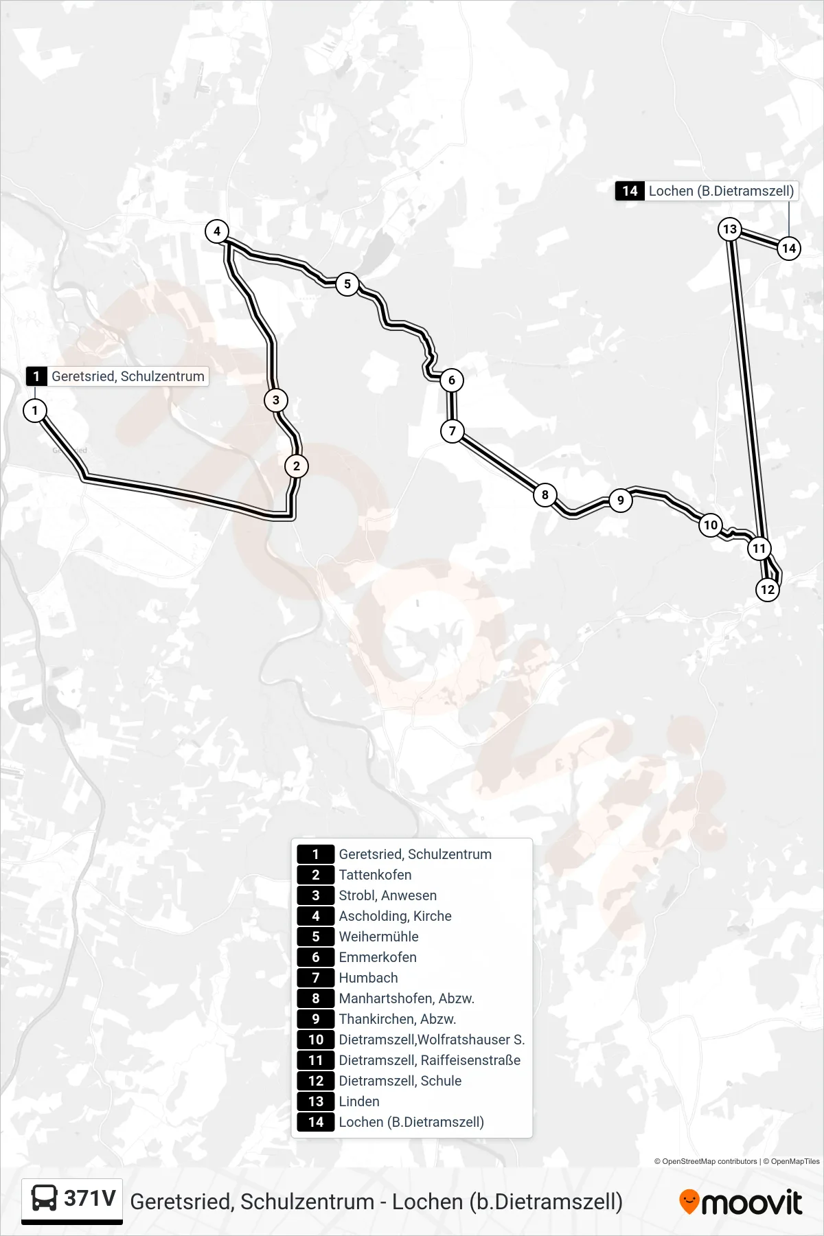 Linie 371V (Bus) Richtung Lochen (B.Dietramszell): Route und Haltestellen auf der Karte