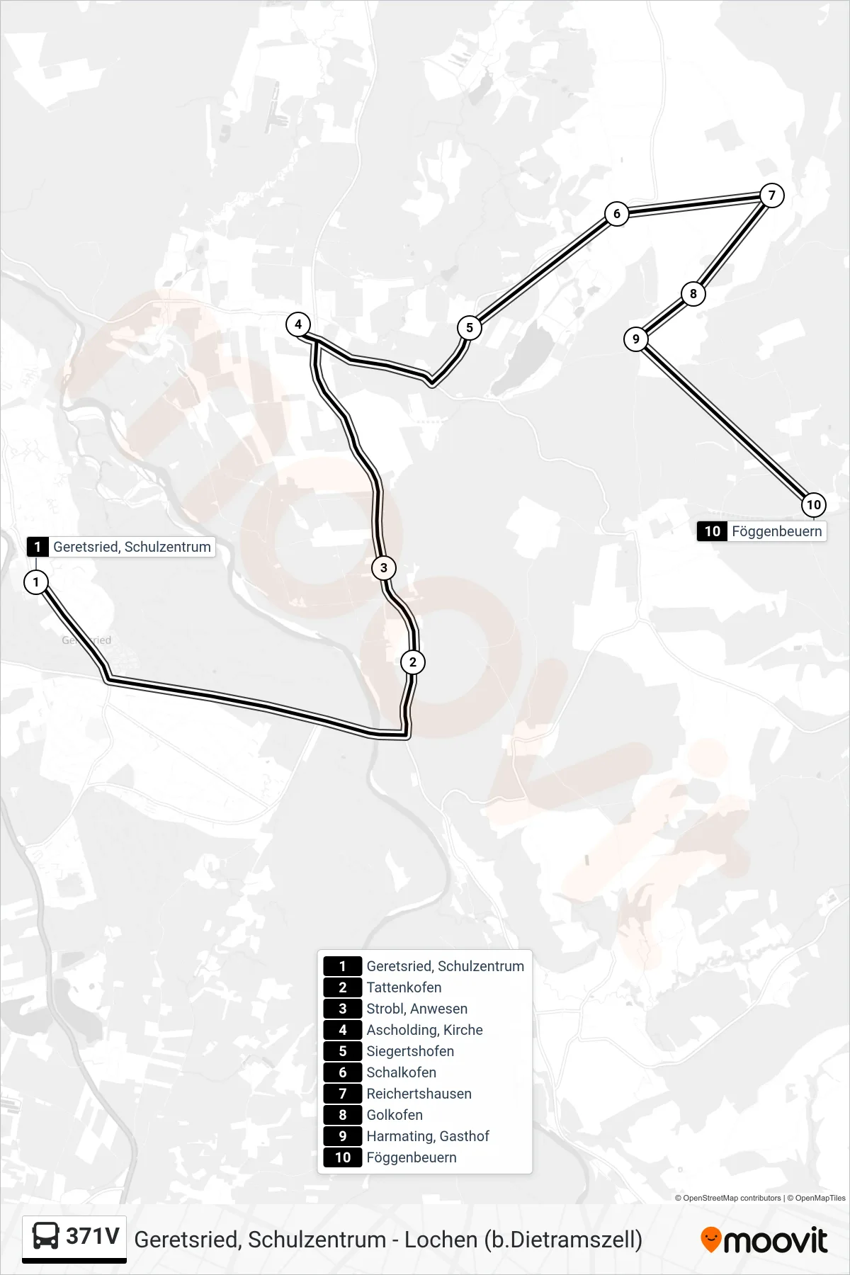 371V bus Line (Föggenbeuern) route and stops on a map